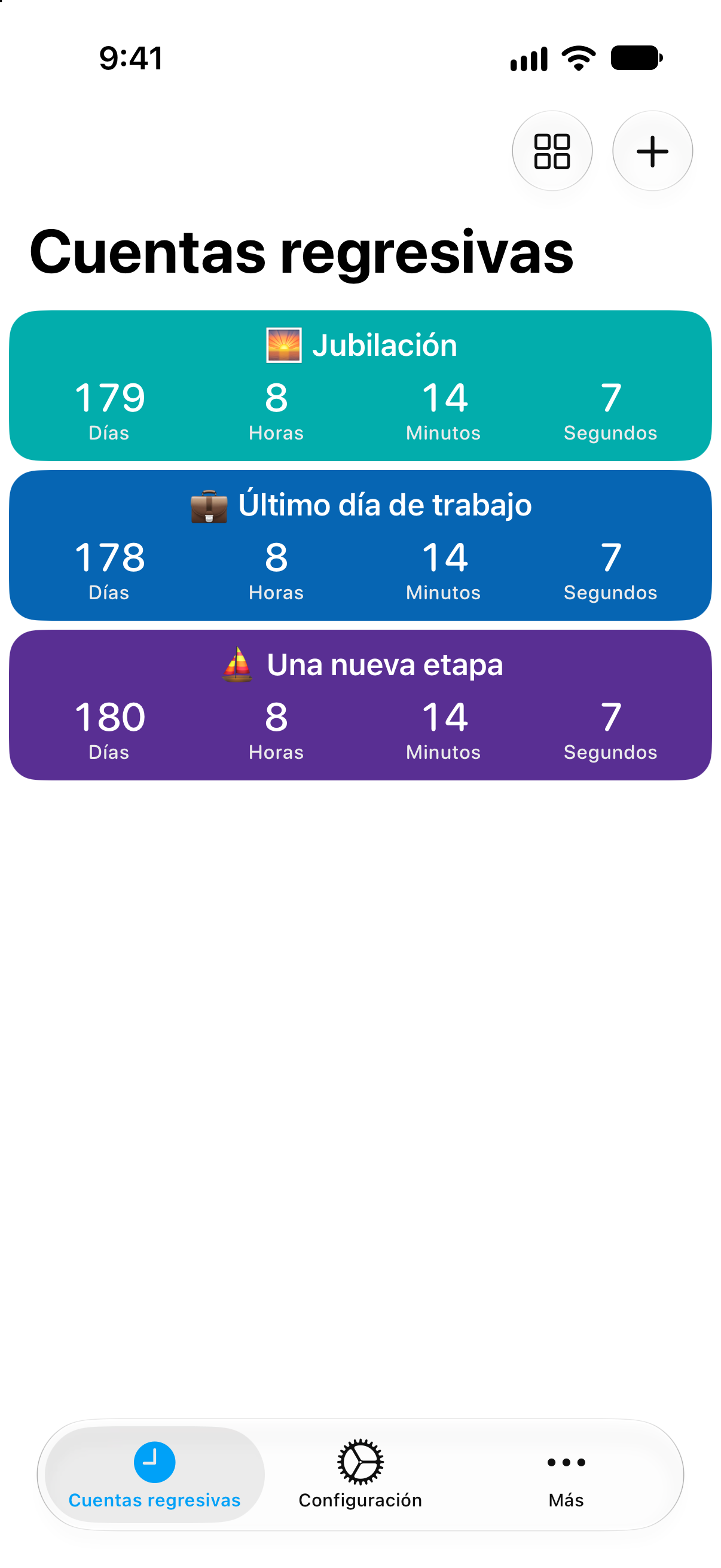 Cuentas regresivas detalladas para la jubilación y el último día de trabajo en Contadores.