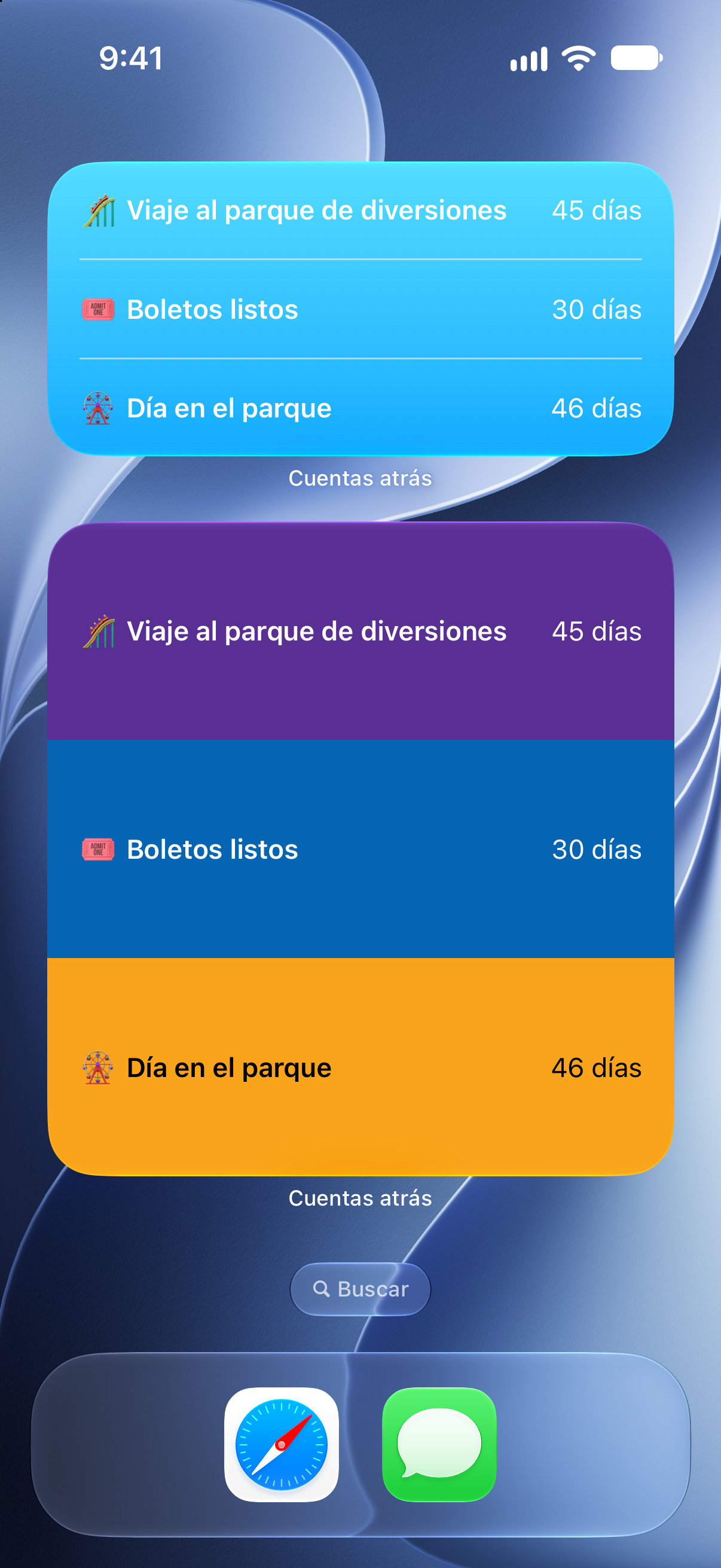 Widgets de Contadores en la pantalla de inicio del iPhone con la cuenta regresiva para un viaje al parque temático.
