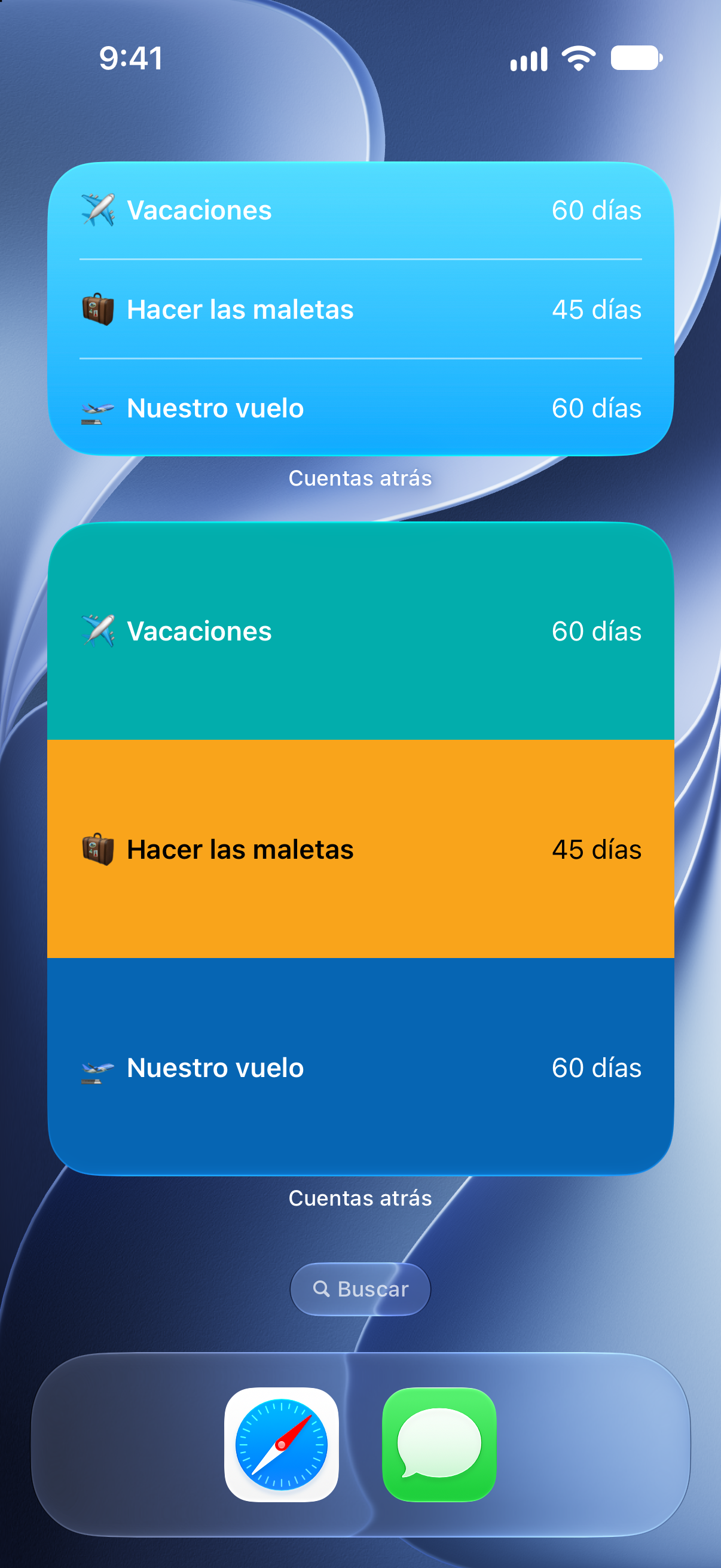 Widgets de Contadores en la pantalla de inicio del iPhone con cuentas regresivas para las vacaciones y el vuelo.