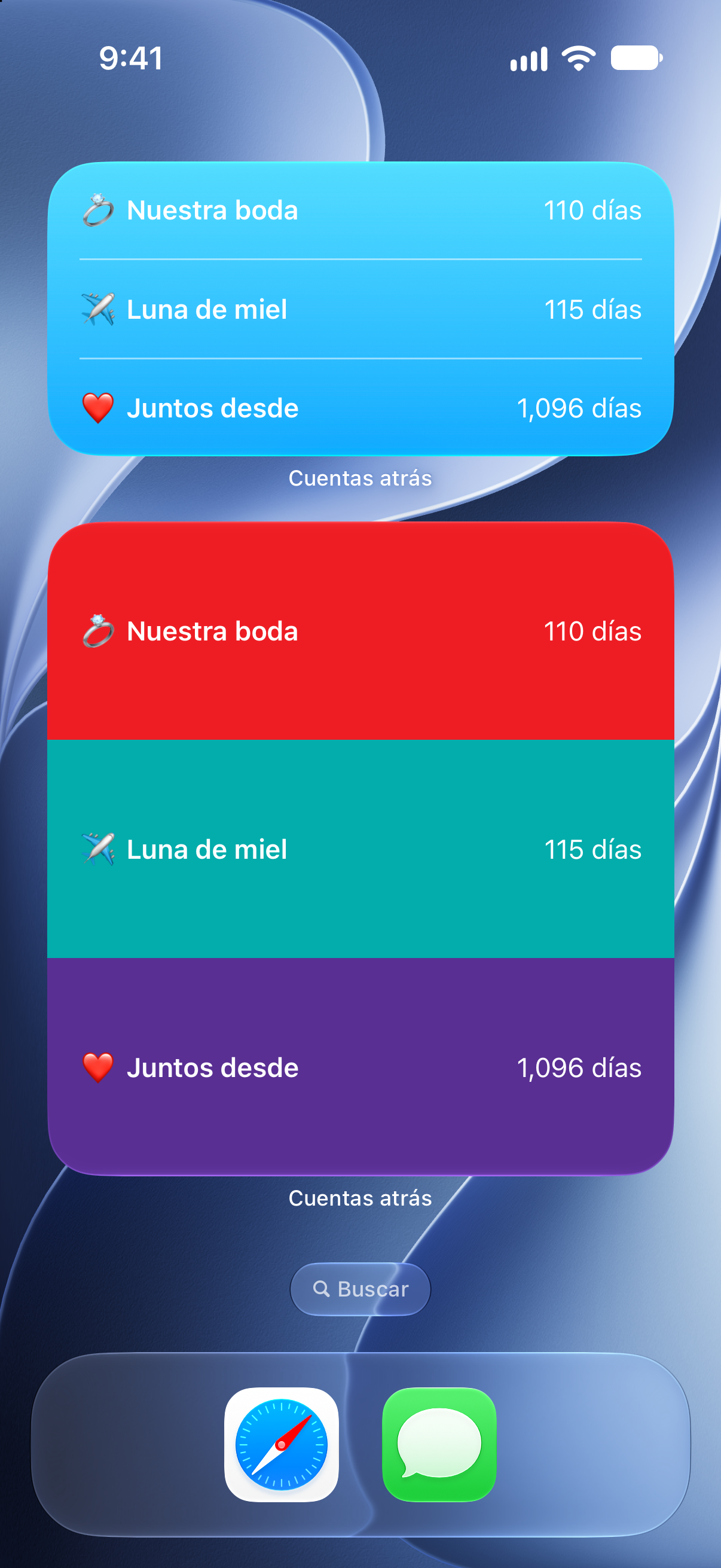 Widgets de Contadores en la pantalla de inicio del iPhone con cuentas regresivas para la boda y la luna de miel.