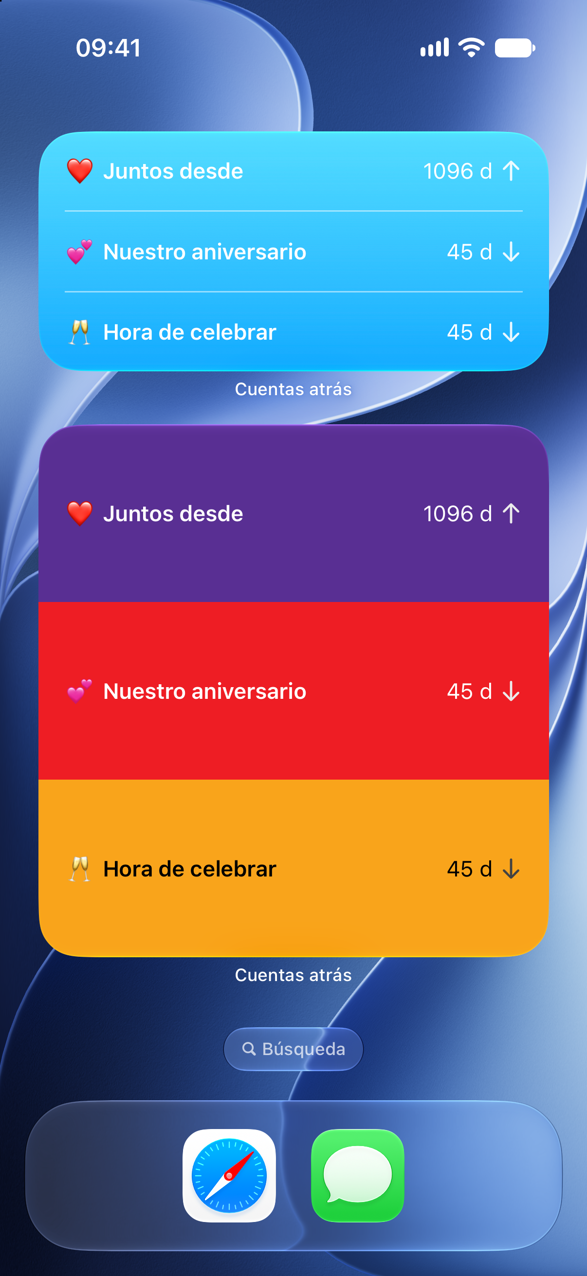 Widgets de Cuentas atrás en la pantalla de inicio del iPhone con el tiempo que llevamos juntos y la cuenta atrás para nuestro aniversario.