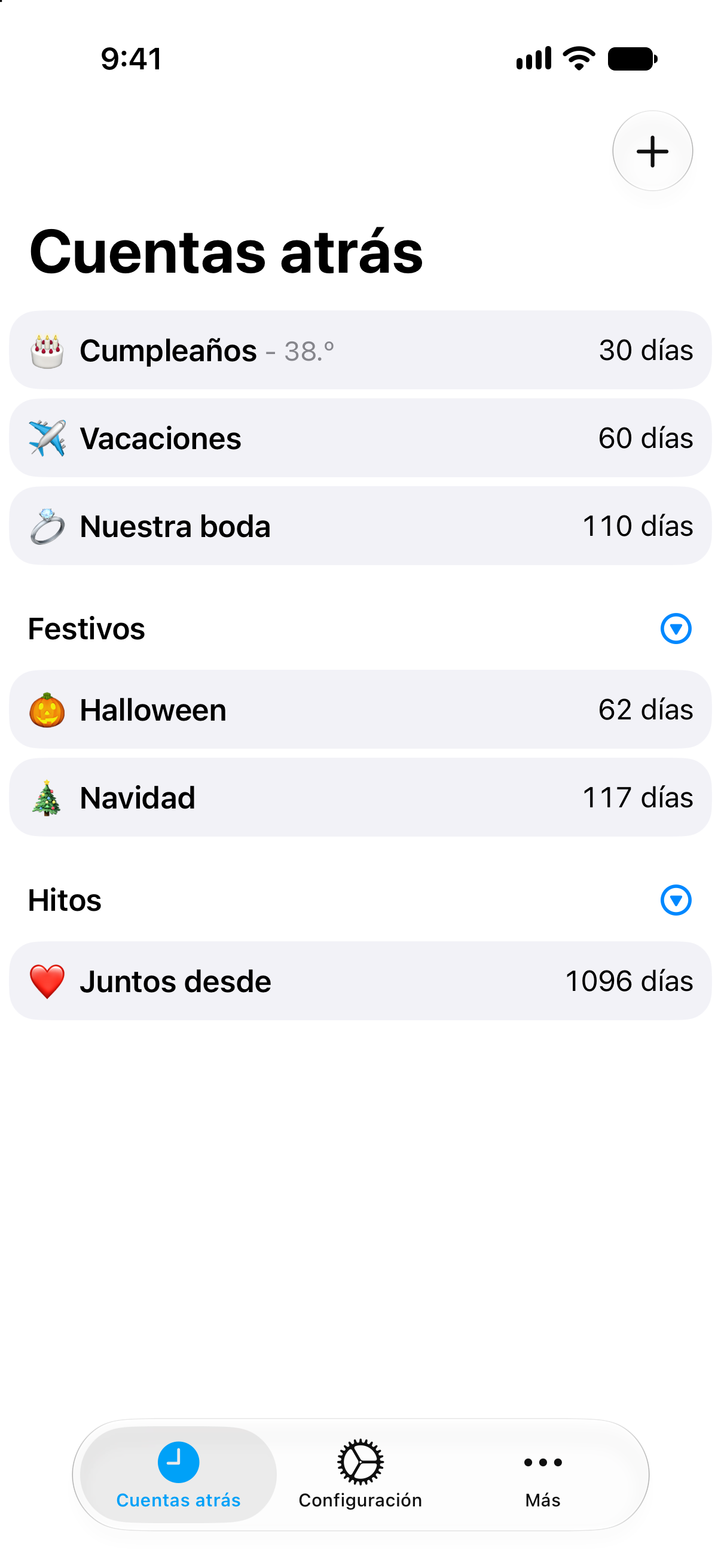 Lista compacta de cuentas atrás en Cuentas atrás con varios eventos visibles de un vistazo.