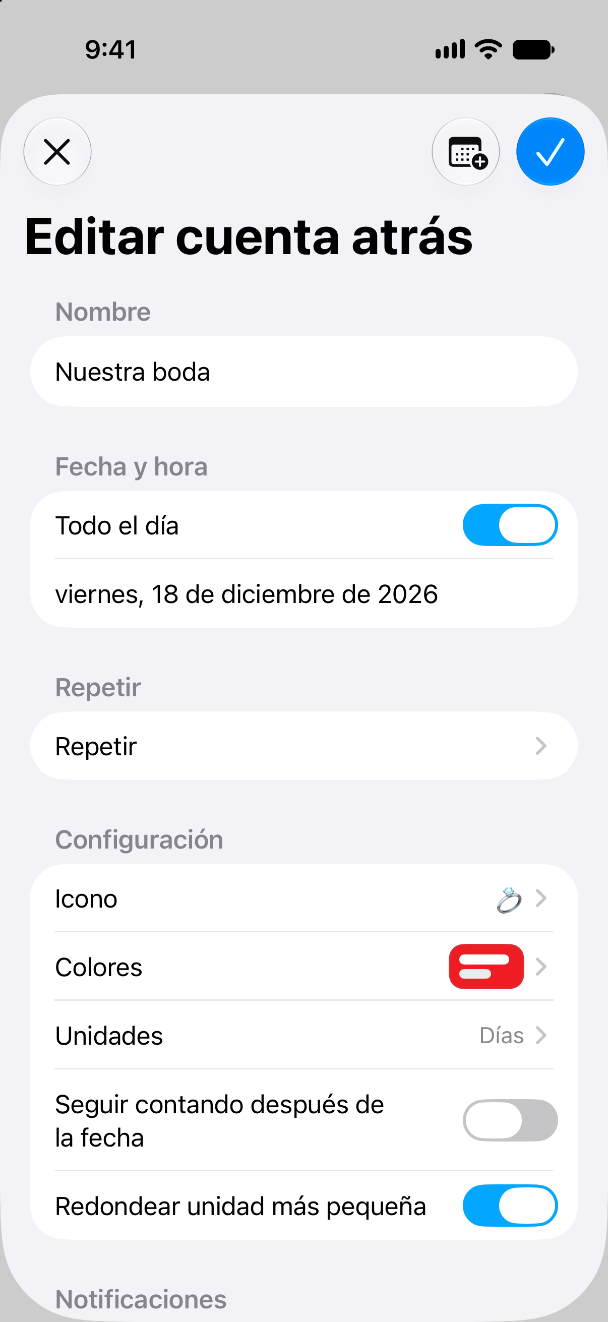 Editor de cuentas atrás de Cuentas atrás con el nombre, la fecha y las opciones de personalización del evento.