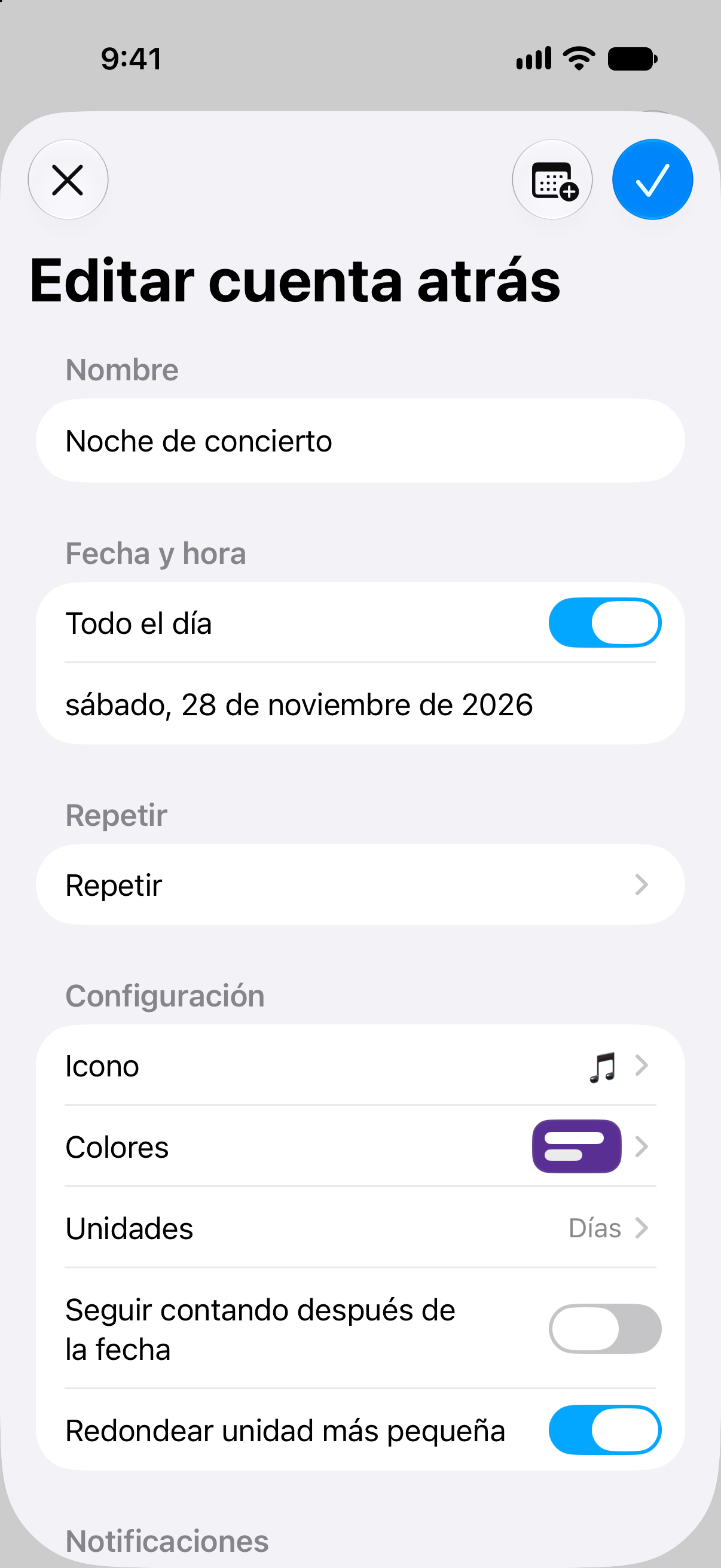 Editor de eventos de Cuentas atrás con opciones de fecha y personalización de la cuenta atrás.