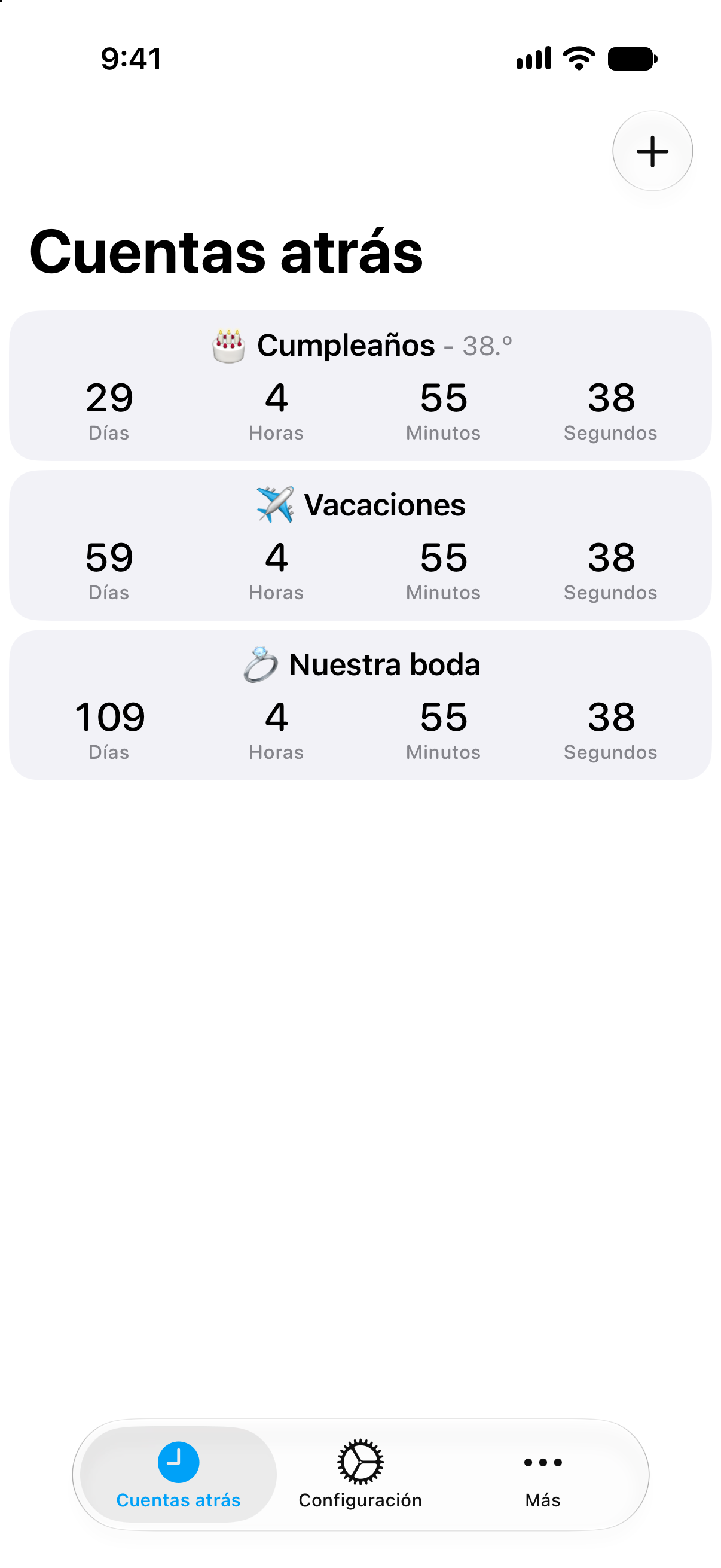 Lista detallada de cuentas atrás en Cuentas atrás con el tiempo que falta para los próximos eventos.
