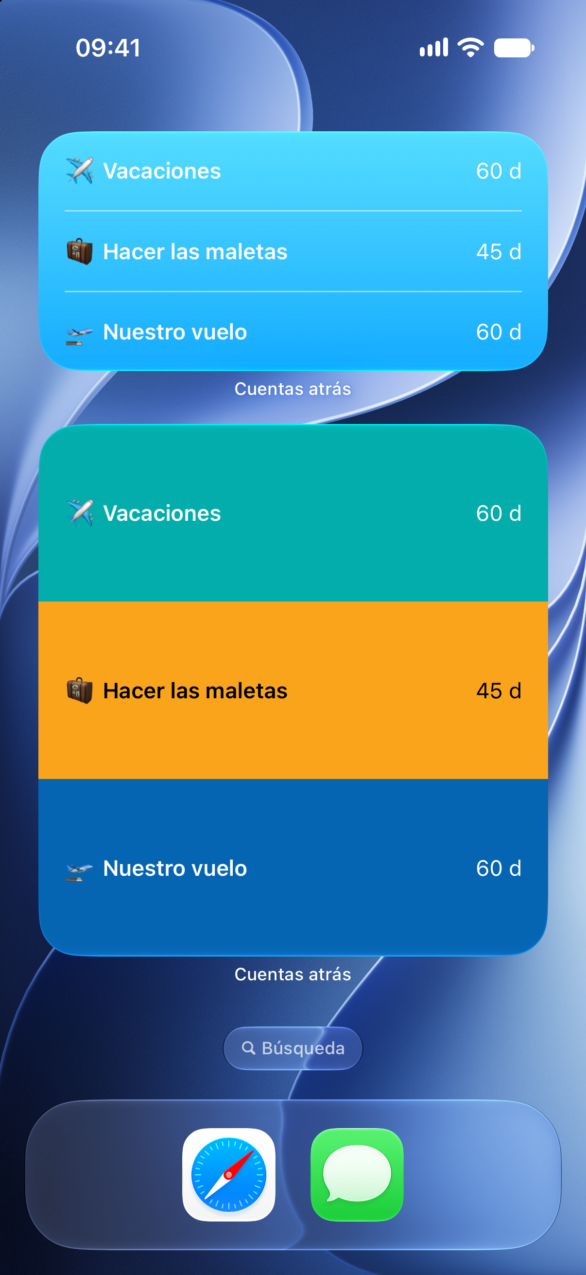 Widgets de Cuentas atrás en la pantalla de inicio del iPhone con cuentas atrás para las vacaciones y el vuelo.