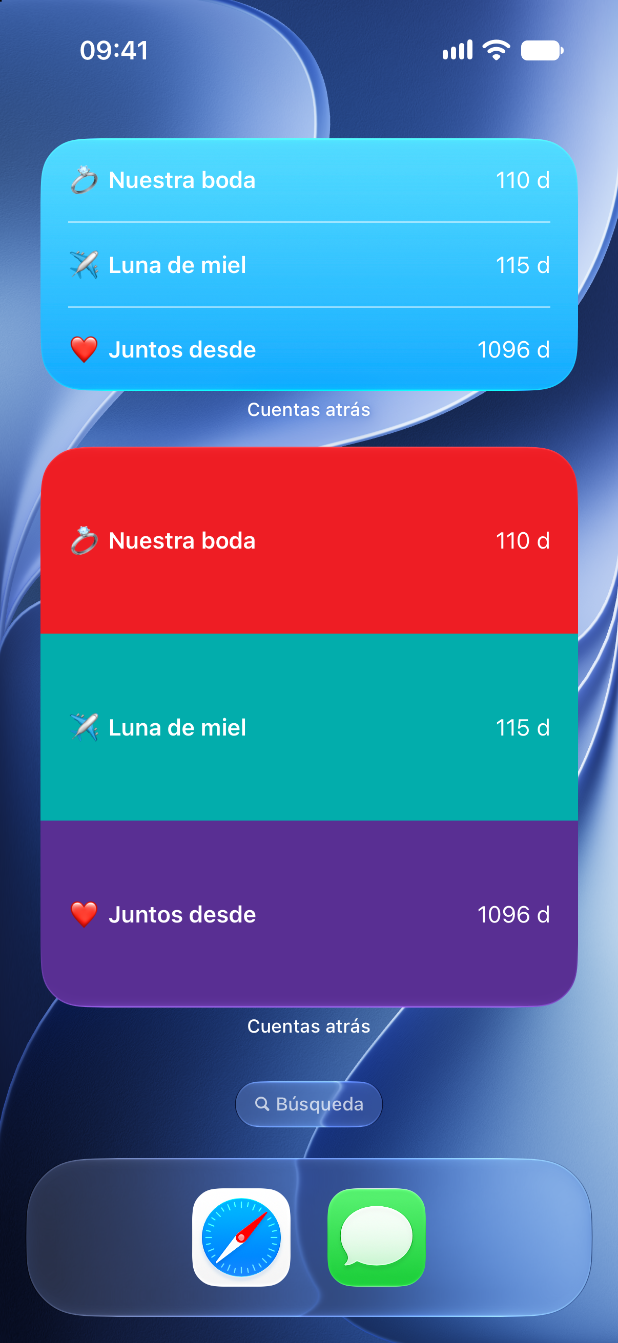 Widgets de Cuentas atrás en la pantalla de inicio del iPhone con cuentas atrás para la boda y la luna de miel.