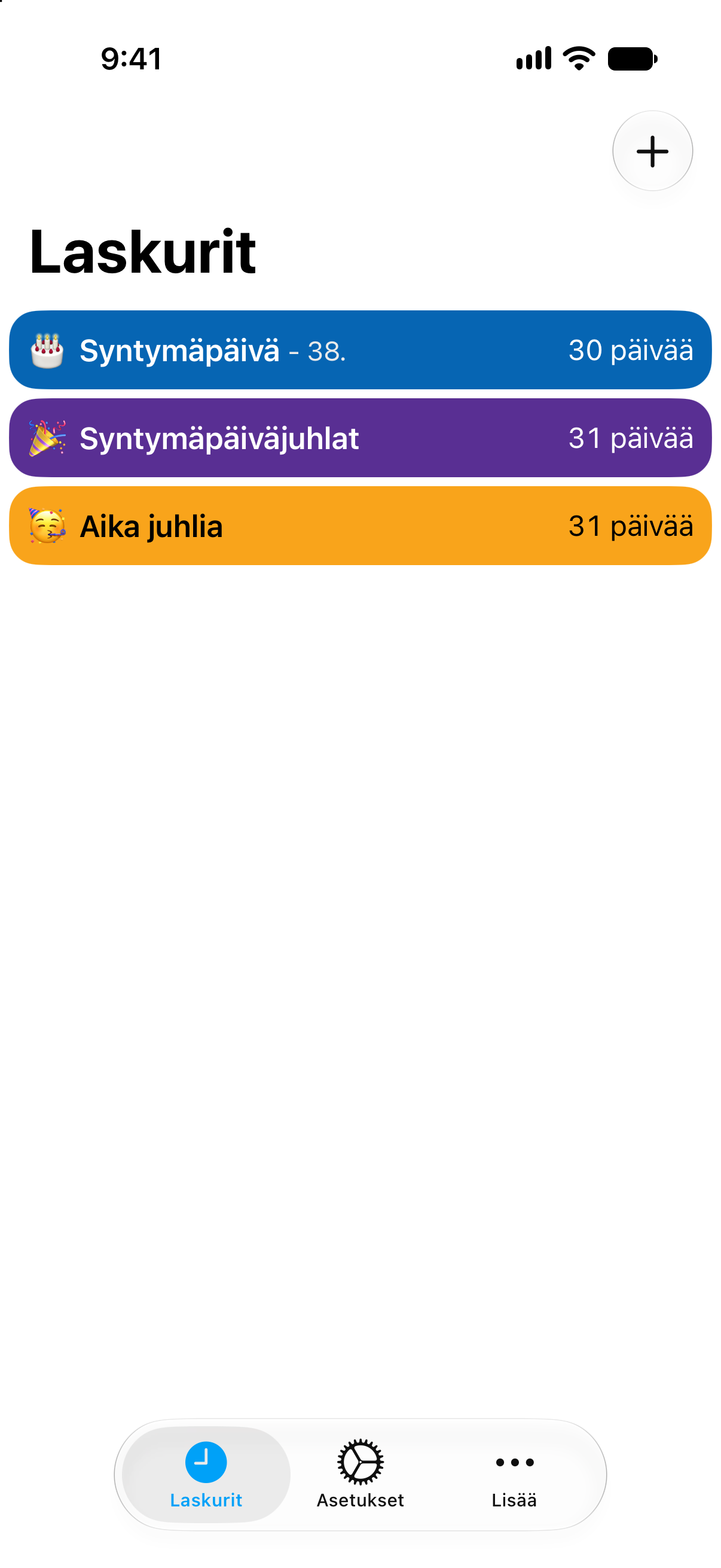 Värikkäät syntymäpäivän ja syntymäpäiväjuhlien laskurit Laskurit-sovelluksessa.