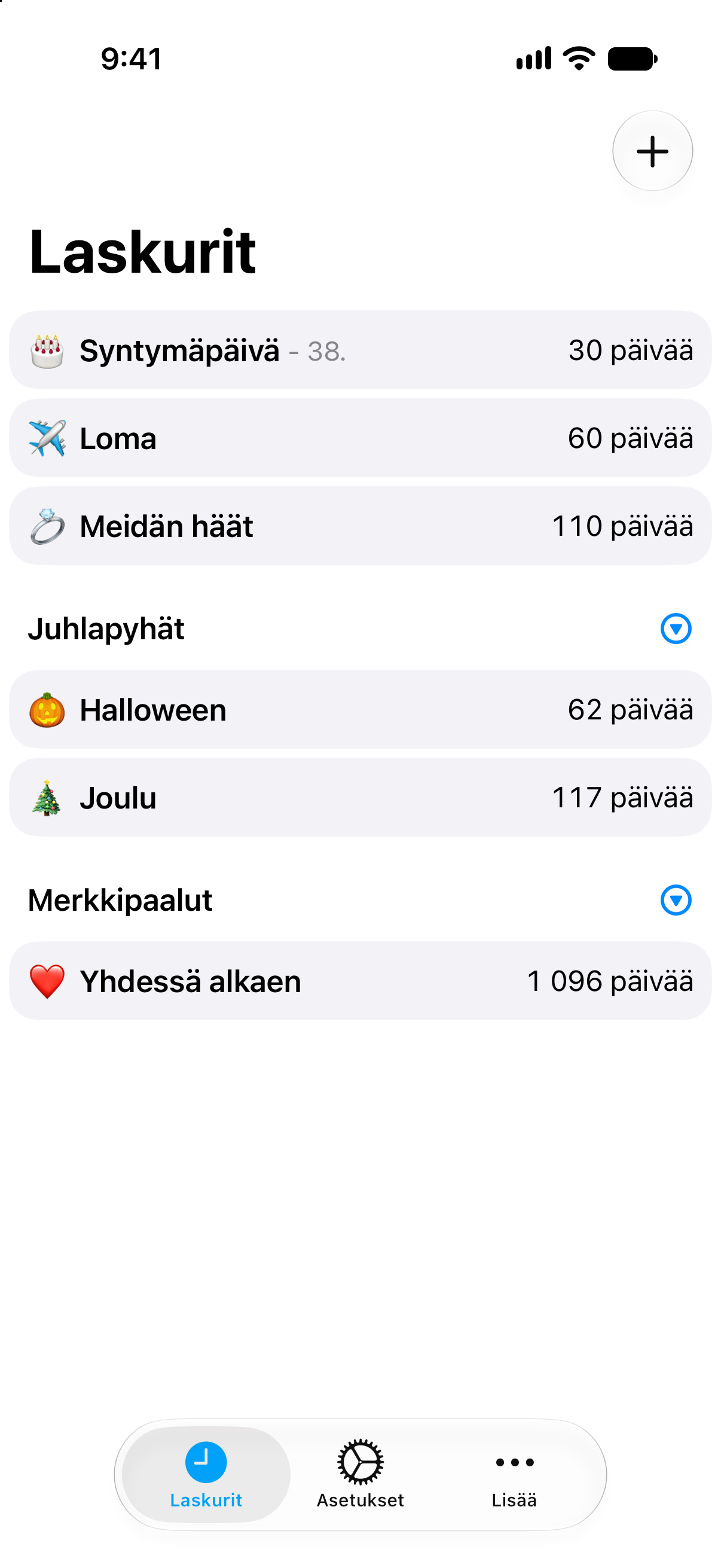 Laskurit-sovelluksen tiivis laskuriluettelo näyttää useita tapahtumia yhdellä silmäyksellä.