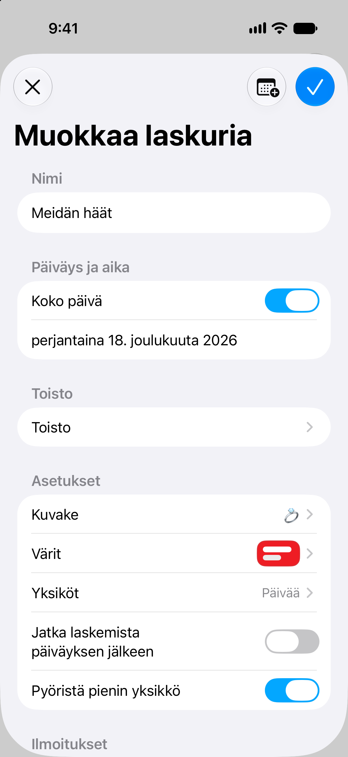 Laskurin muokkaus Laskurit-sovelluksessa: tapahtuman nimi, päivämäärä ja mukautusvalinnat.