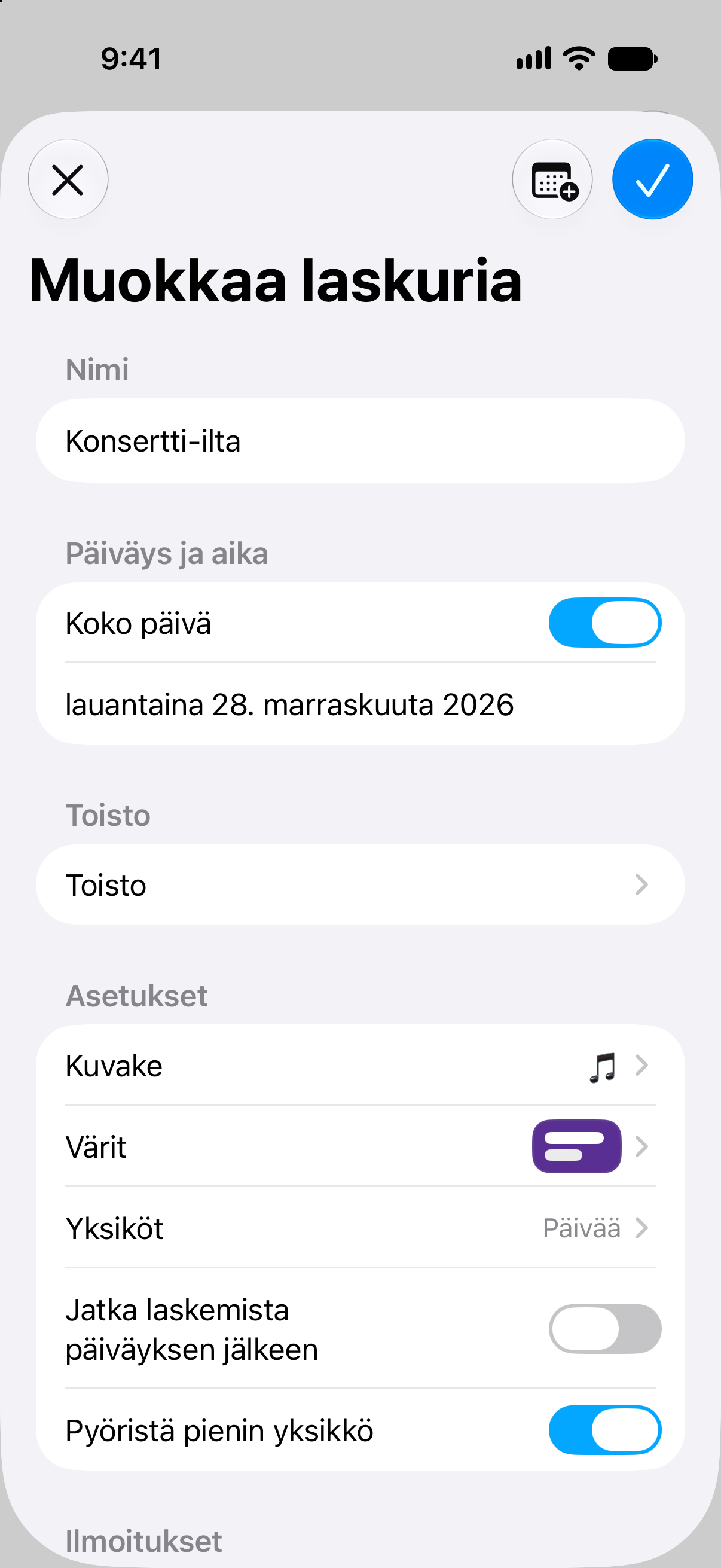 Tapahtuman muokkaus Laskurit-sovelluksessa: päivämäärä ja laskurin mukautusvalinnat.