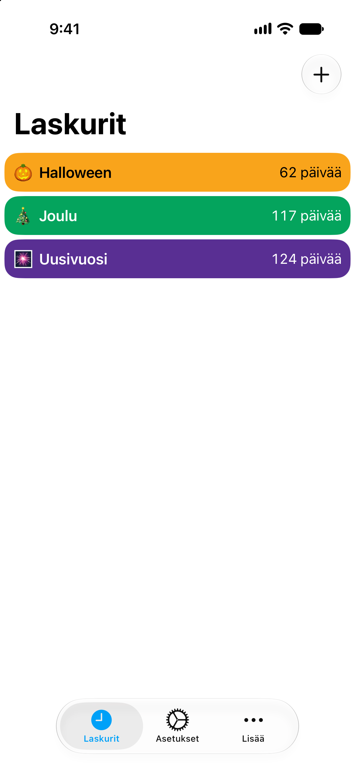Värikkäät juhlapyhälaskurit Laskurit-sovelluksessa.