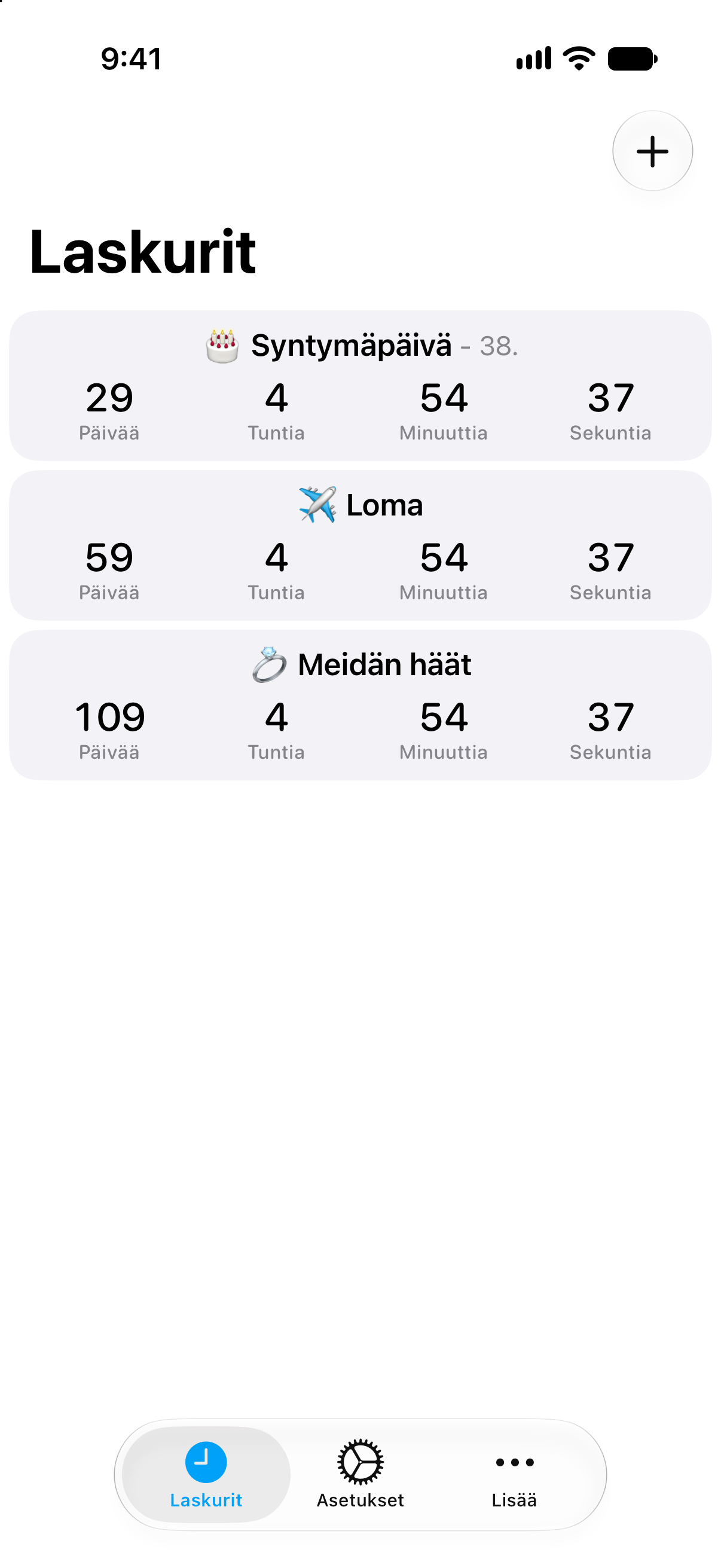 Laskurit-sovelluksen yksityiskohtainen laskuriluettelo näyttää tuleviin tapahtumiin jäljellä olevan ajan.