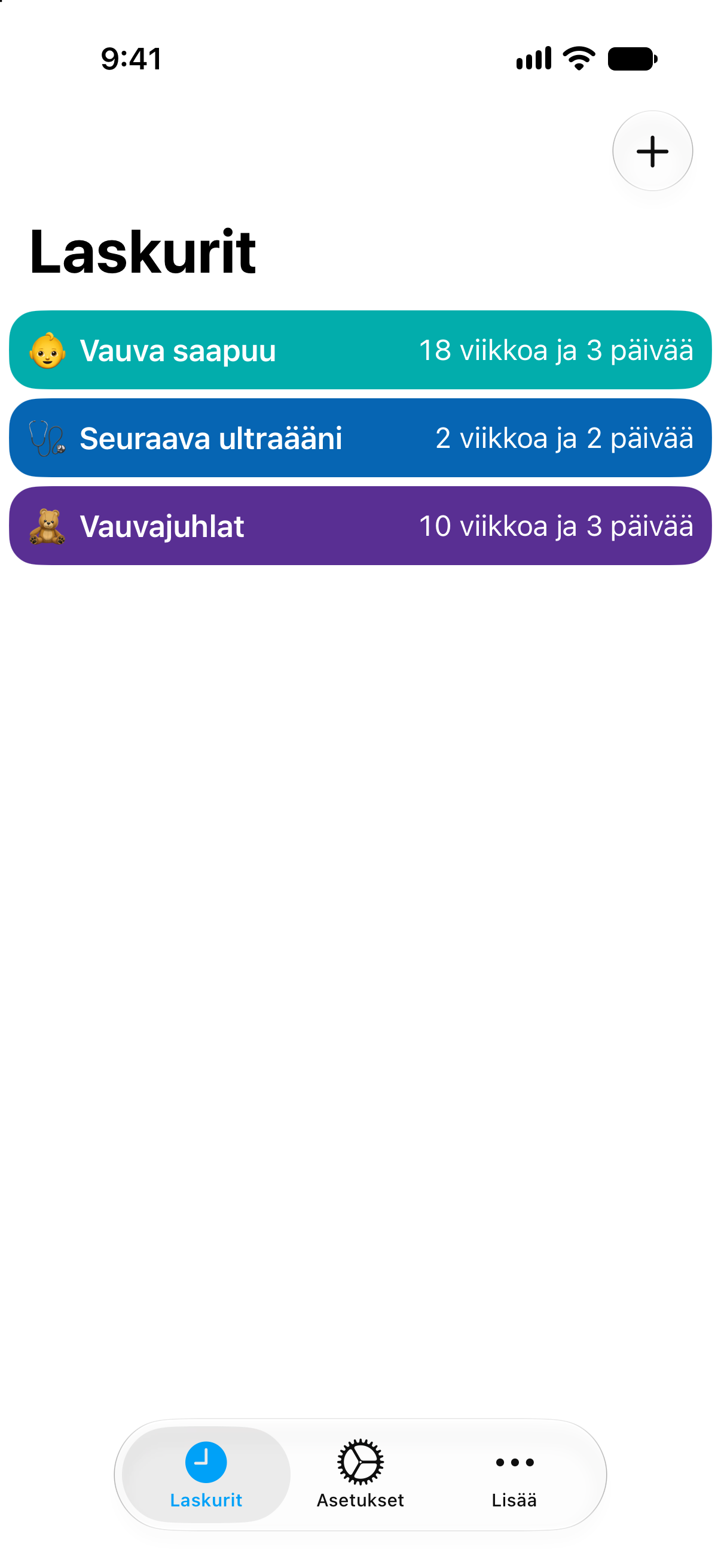 Laskurit-sovelluksen raskauslaskurit näyttävät vauvan syntymään jäljellä olevat viikot ja päivät.