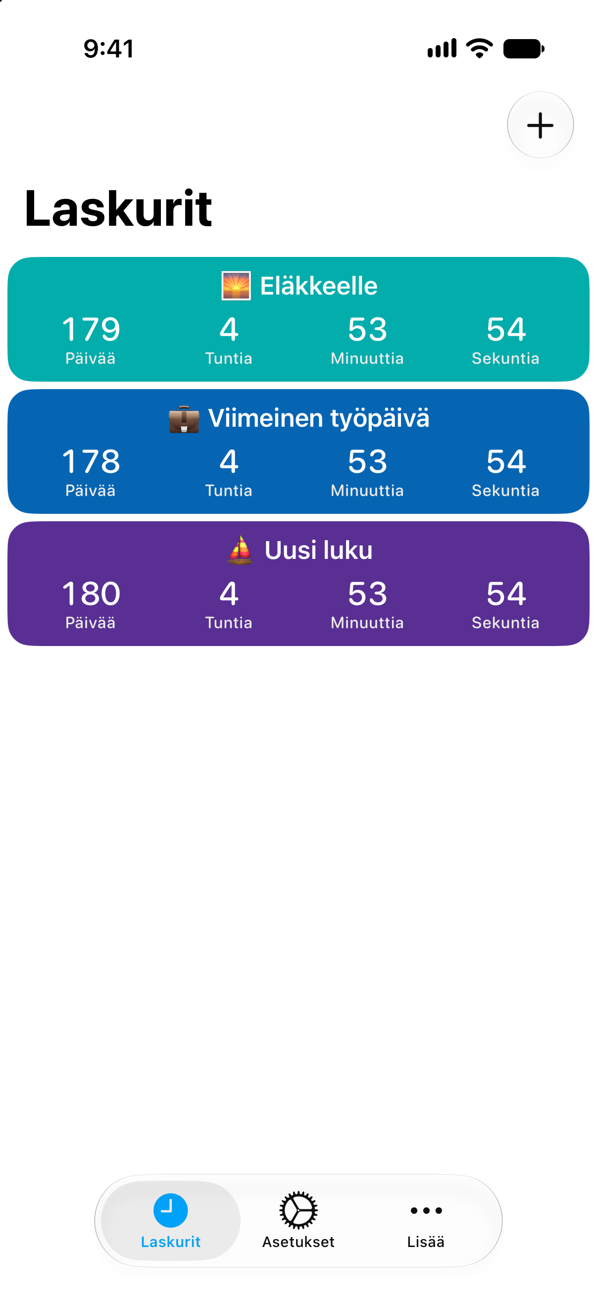 Yksityiskohtaiset laskurit eläkkeelle jäämiseen ja viimeiseen työpäivään Laskurit-sovelluksessa.