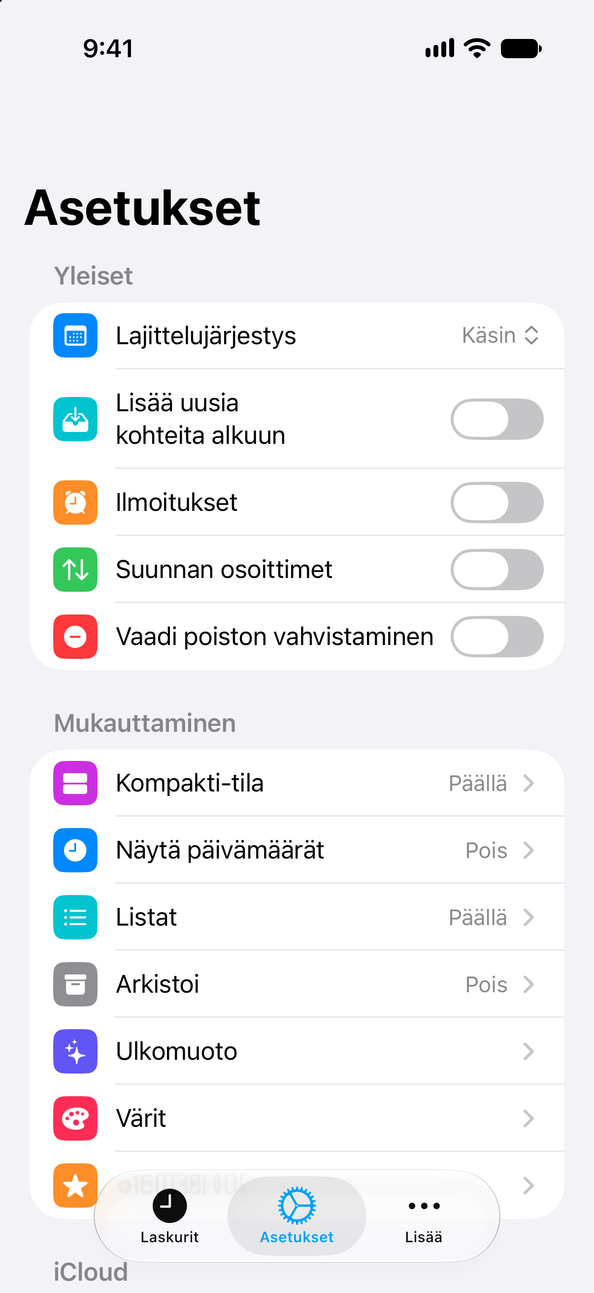 Laskurit-sovelluksen asetukset, joissa näkyy elinikäinen Pro-käyttöoikeus.