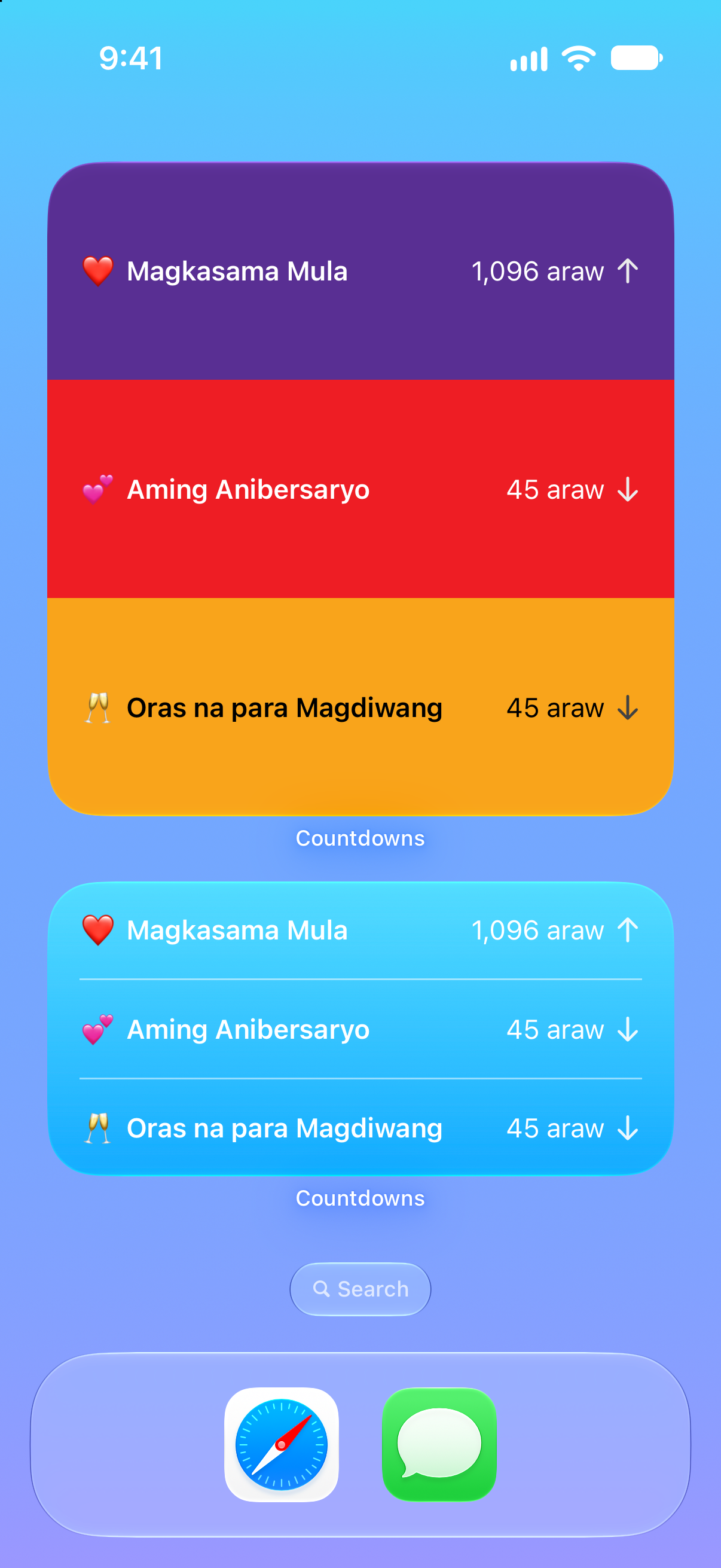 Bilang Paurong — Bilang paurong sa anibersaryo. Mga widget sa Home Screen para sa paparating na kaganapan.