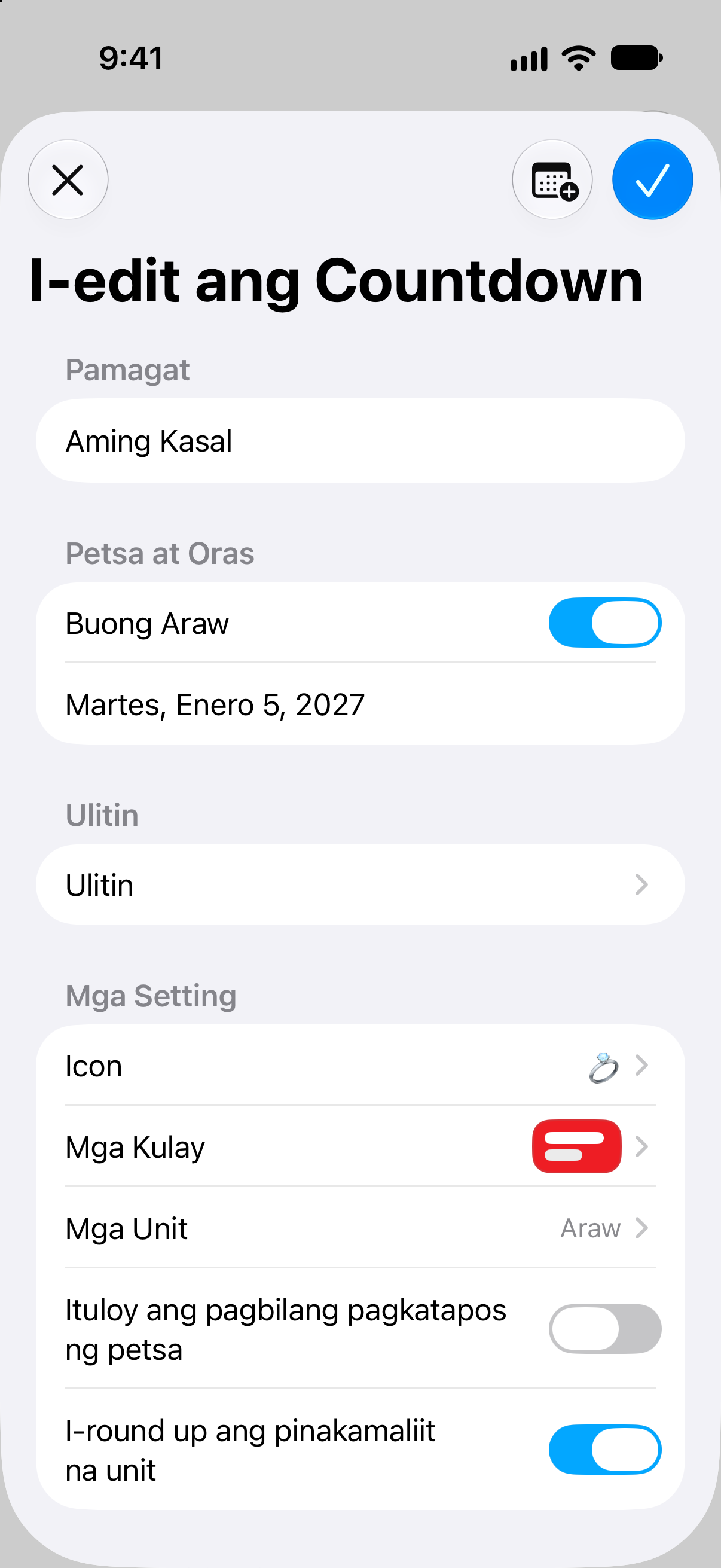 Bilang Paurong — Pag-edit ng pangalan, petsa, at mga opsyon ng bilang paurong.