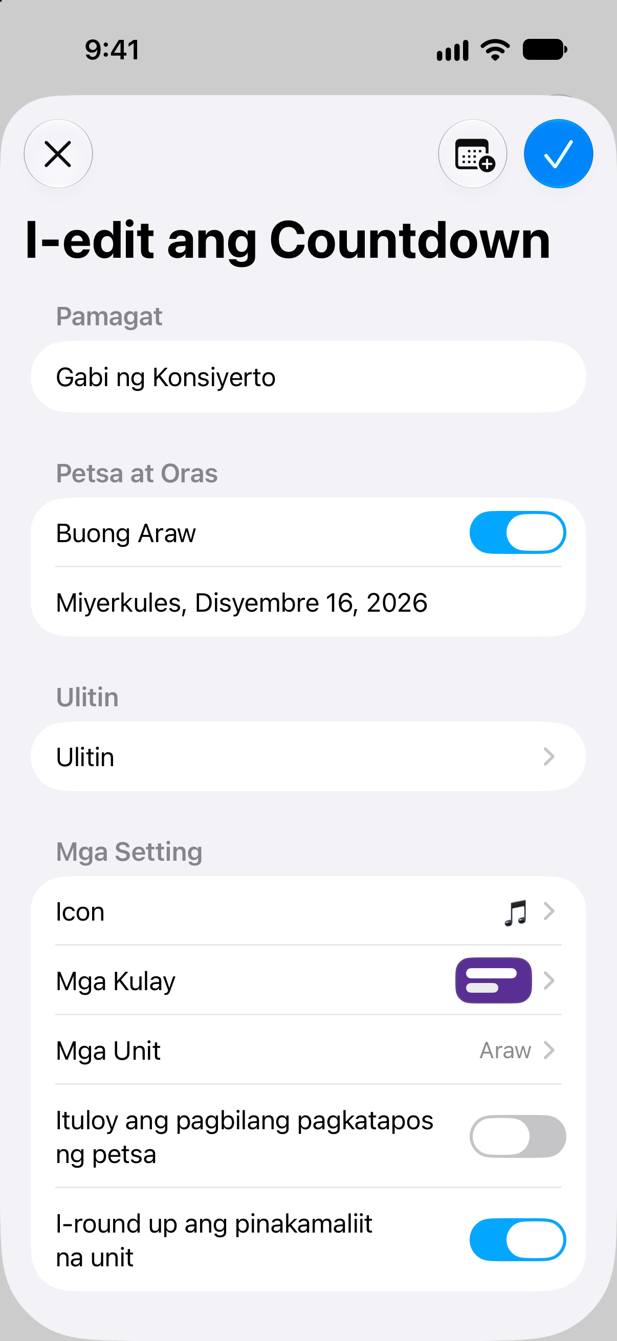Bilang Paurong — Bilang paurong sa kaganapan. Pag-edit ng pangalan, petsa, at mga opsyon ng bilang paurong.