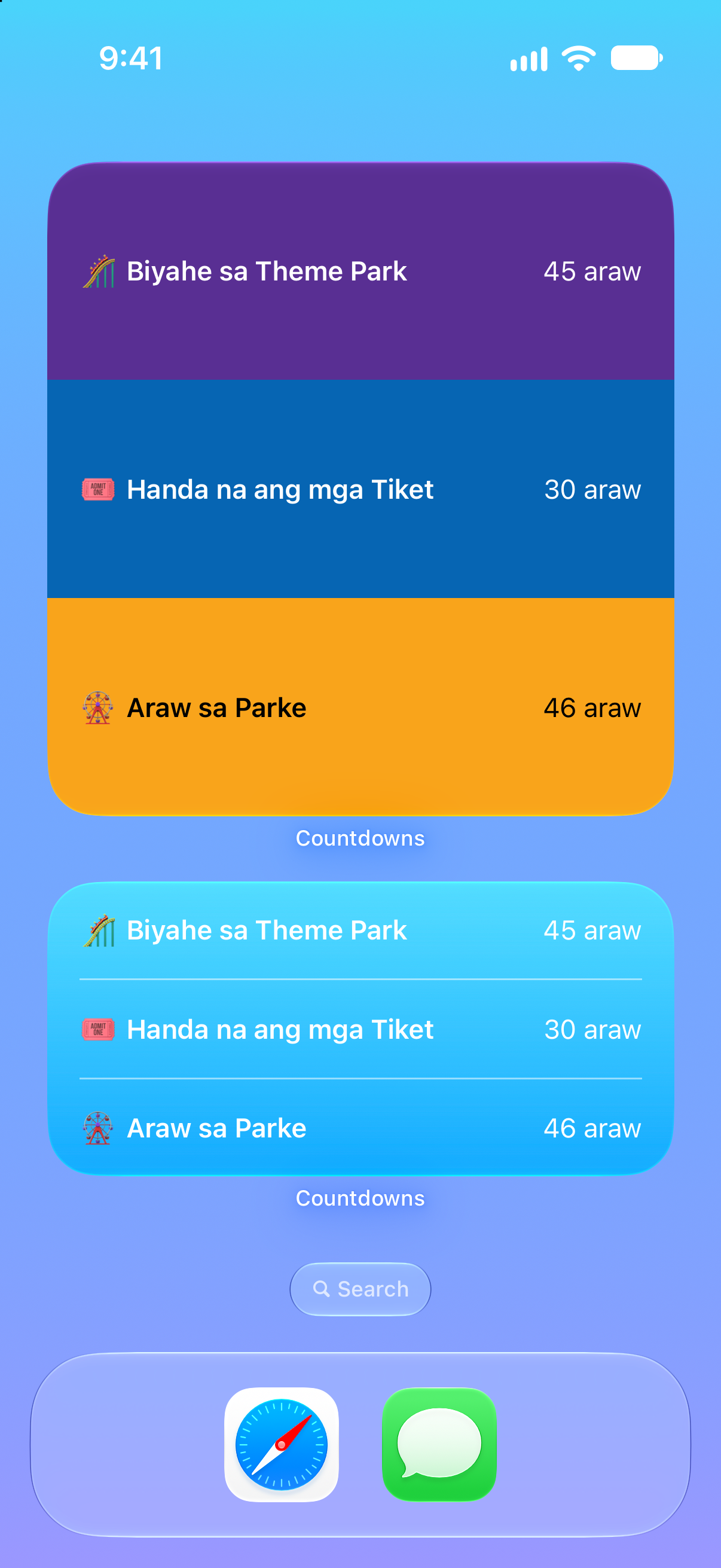 Bilang Paurong — Bilang paurong sa pagpunta sa theme park. Mga widget sa Home Screen para sa paparating na kaganapan.