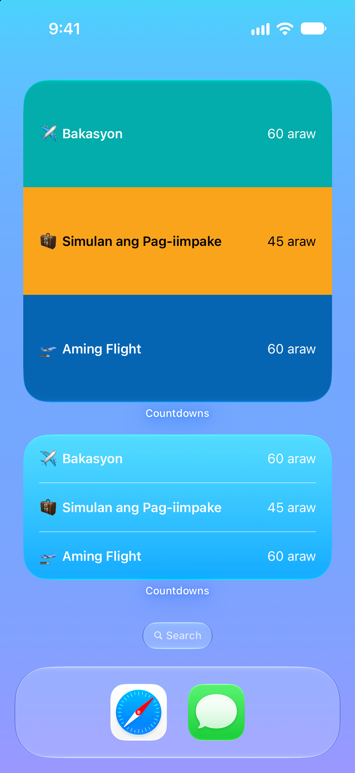 Bilang Paurong — Bilang paurong sa bakasyon. Mga widget sa Home Screen para sa paparating na kaganapan.