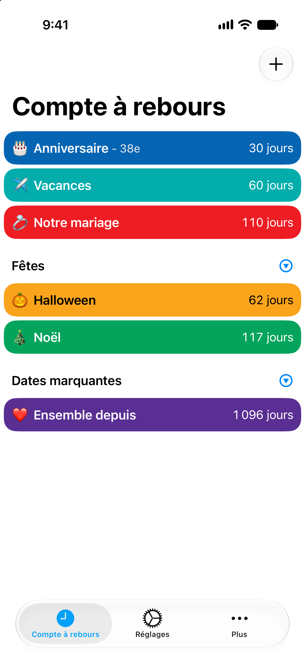 Liste de comptes à rebours dans Compte à rebours avec des couleurs distinctes pour chaque événement.