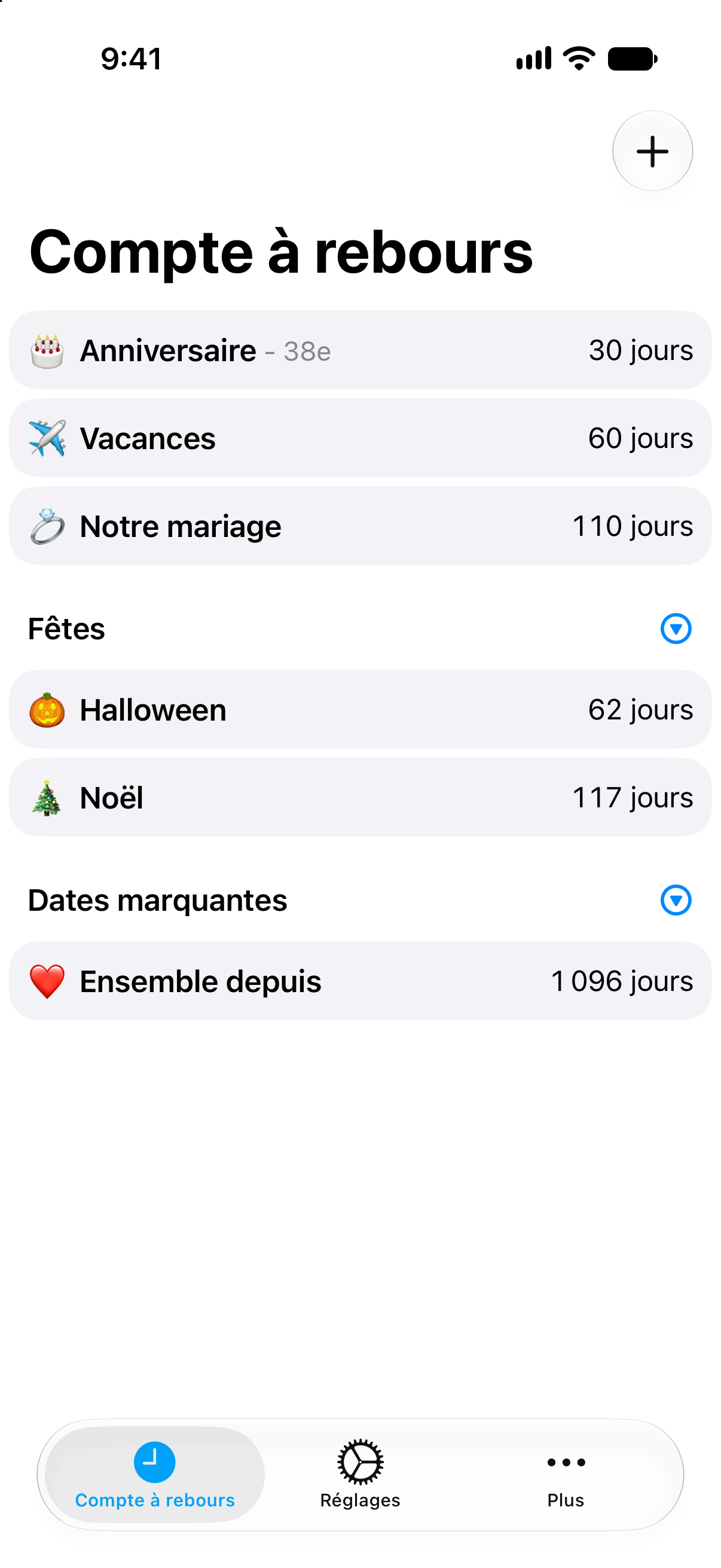 Liste compacte de comptes à rebours dans Compte à rebours avec plusieurs événements visibles en un coup d’œil.