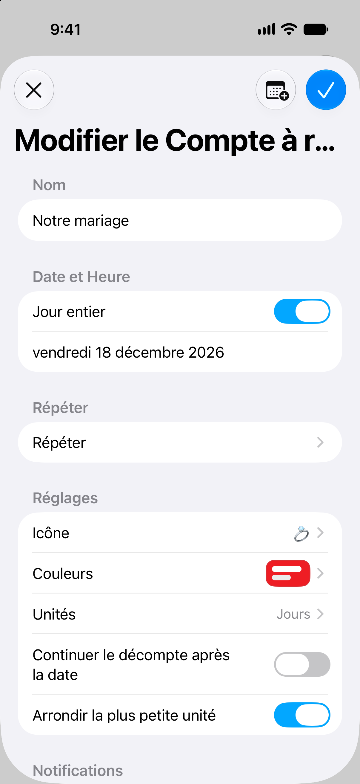 Éditeur de compte à rebours dans Compte à rebours avec le nom, la date et les options de personnalisation de l’événement.