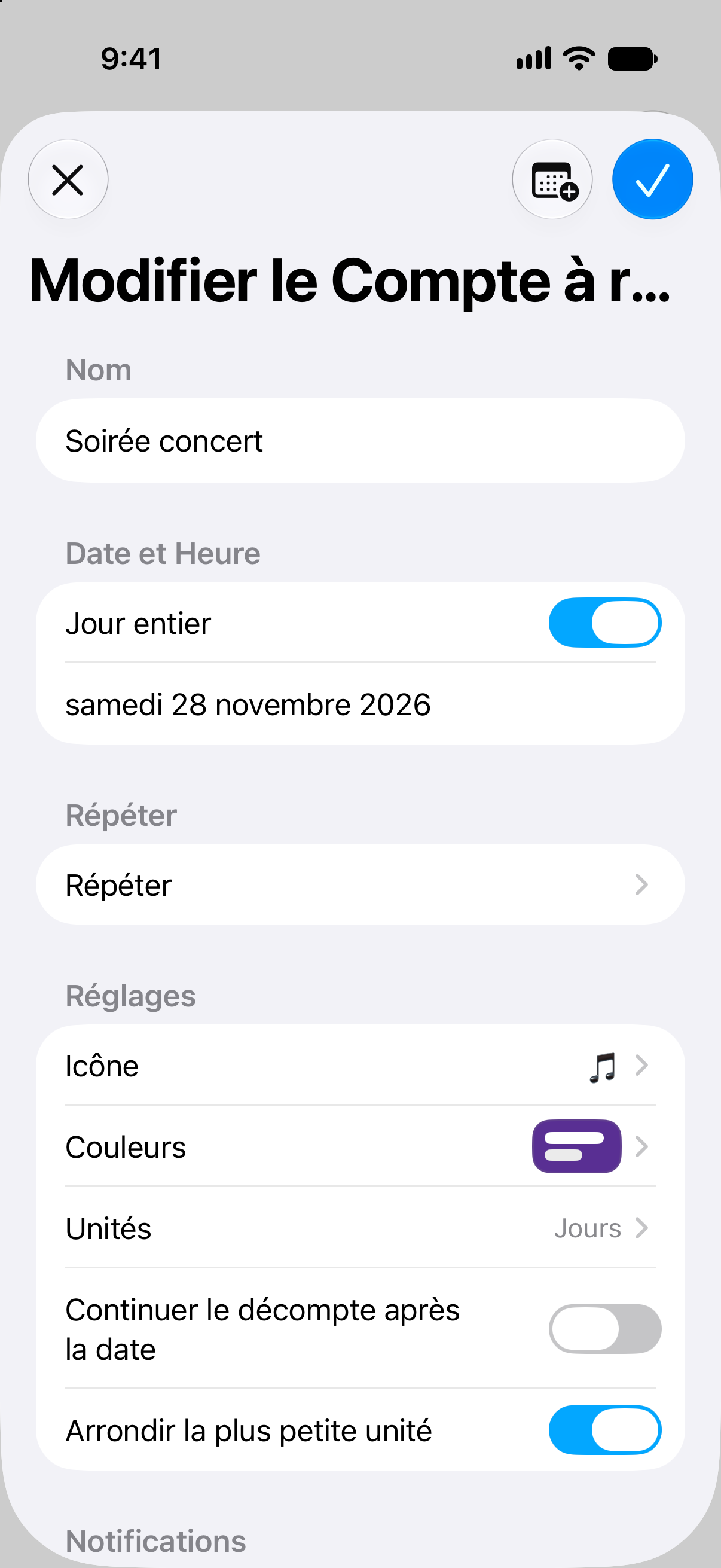 Éditeur d’événement dans Compte à rebours avec la date et les options de personnalisation du compte à rebours.