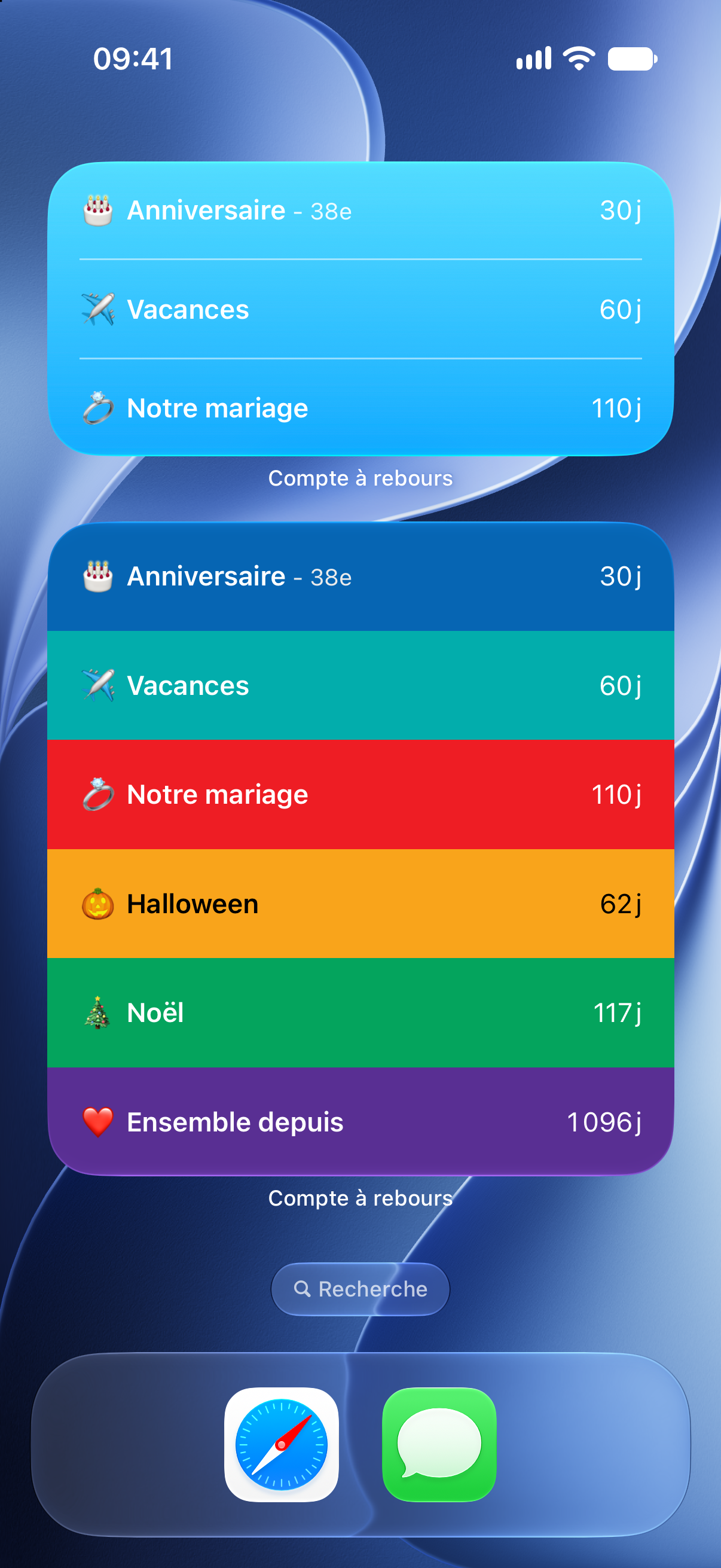 Widgets Compte à rebours sur l’écran d’accueil de l’iPhone affichant le temps restant avant les prochains événements.