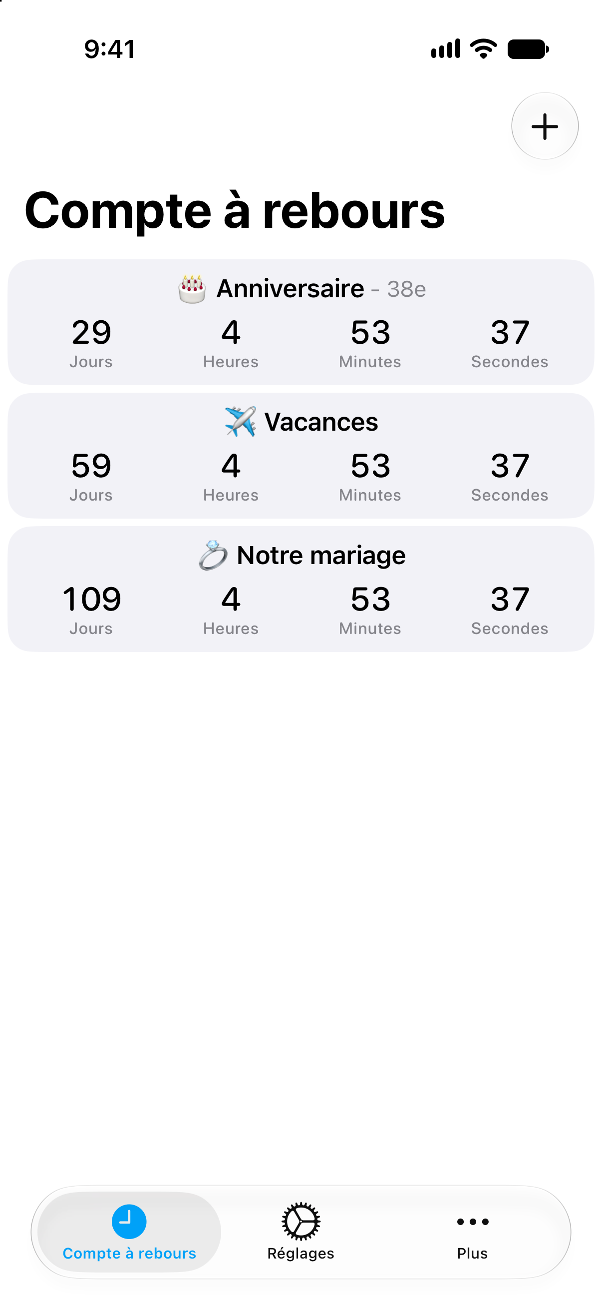 Liste détaillée de comptes à rebours dans Compte à rebours avec le temps restant avant les prochains événements.