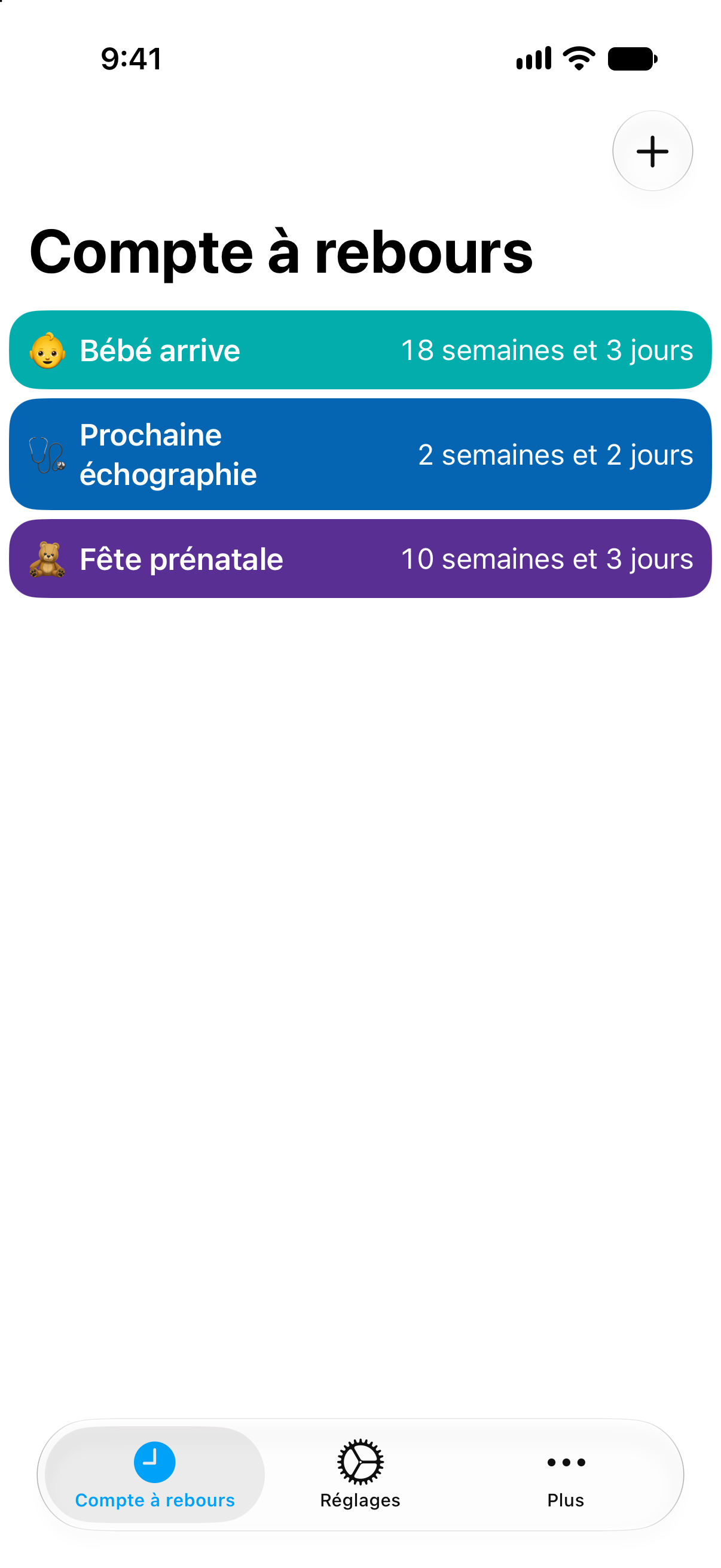 Comptes à rebours de grossesse dans Compte à rebours affichant les semaines et les jours avant l’arrivée de bébé.