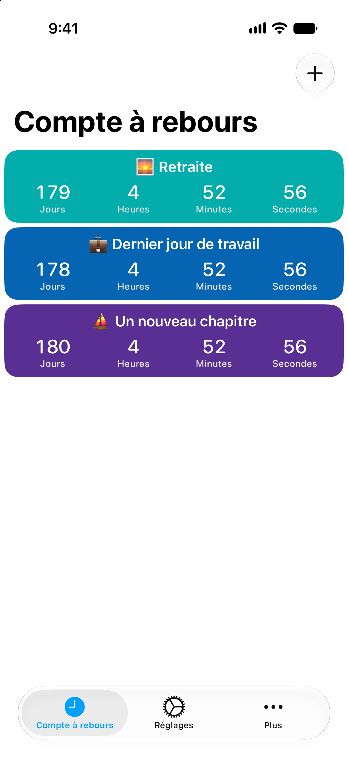 Comptes à rebours détaillés de la retraite et du dernier jour de travail dans Compte à rebours.