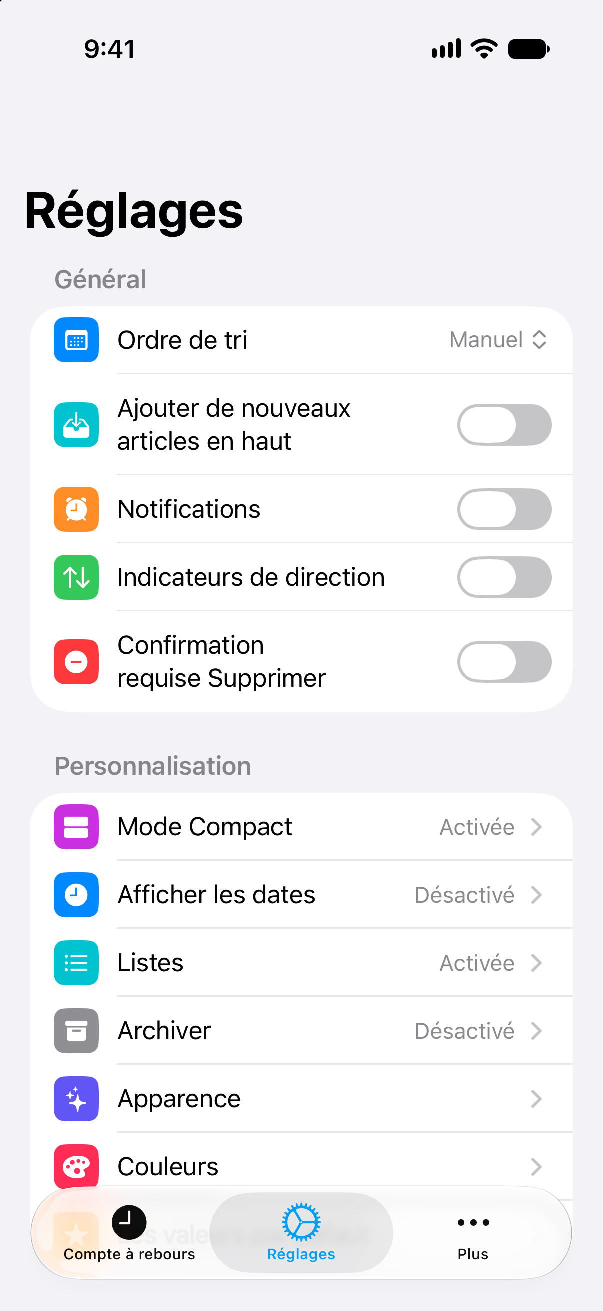 Réglages de Compte à rebours affichant l’accès à Pro à vie.