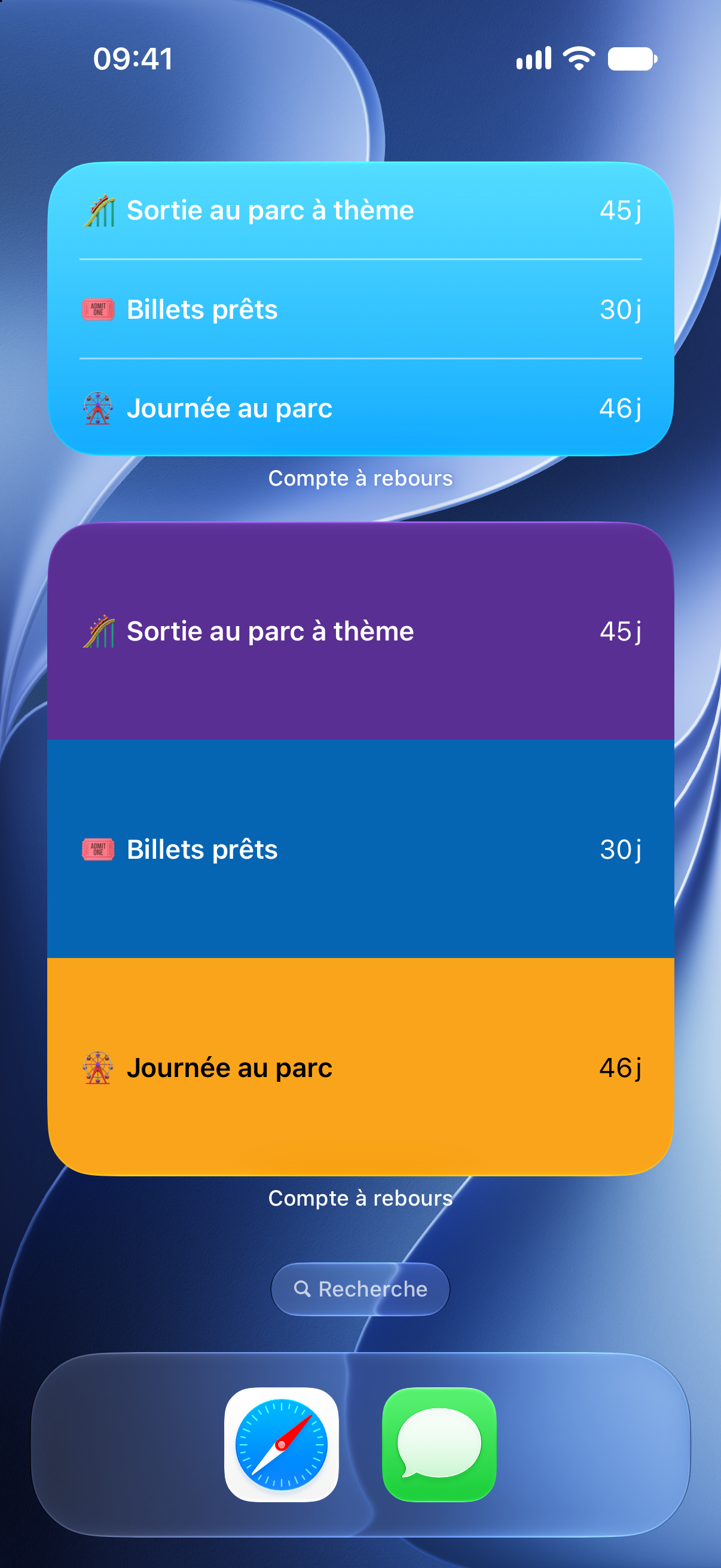 Widgets Compte à rebours sur l’écran d’accueil de l’iPhone avec le compte à rebours d’une sortie au parc à thème.