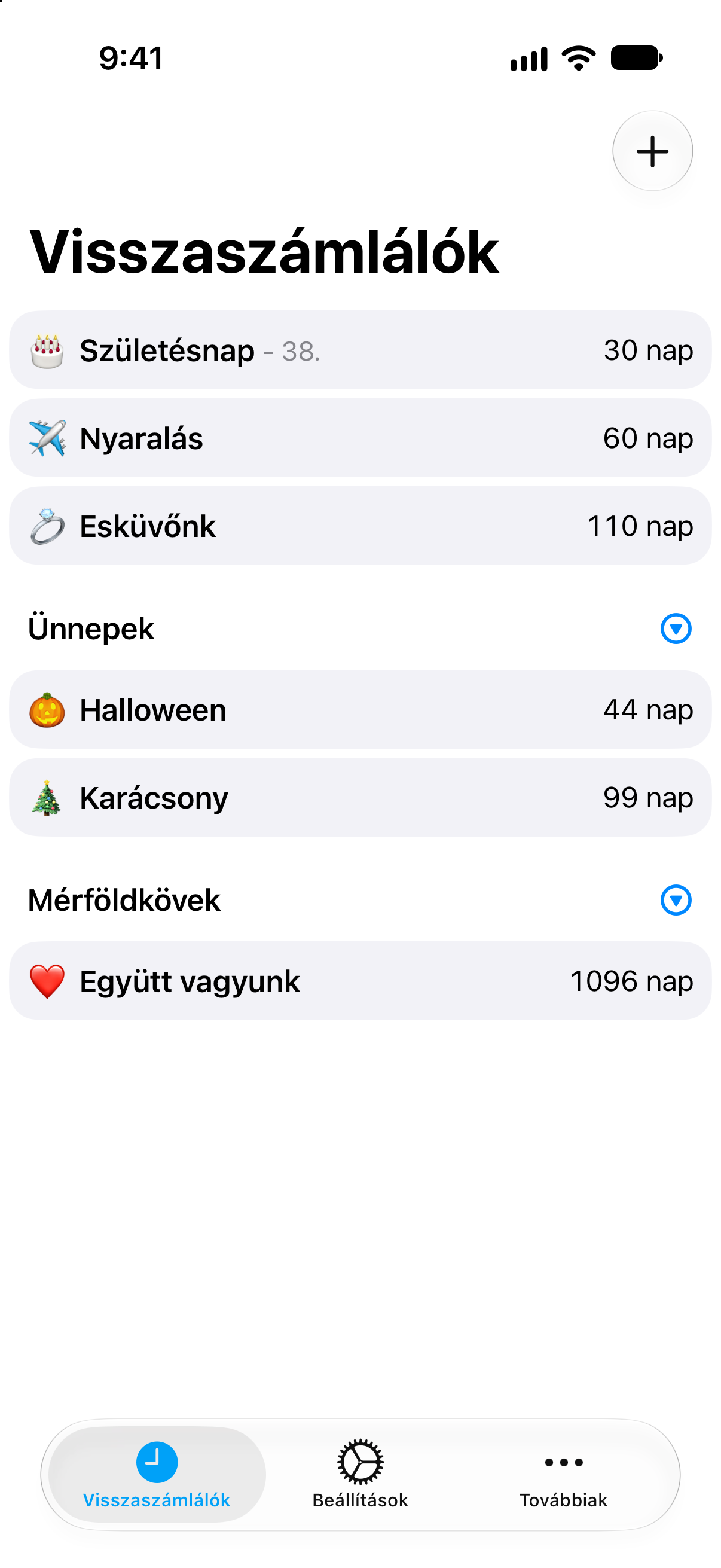 Visszaszámlálók — Több esemény kompakt listája.