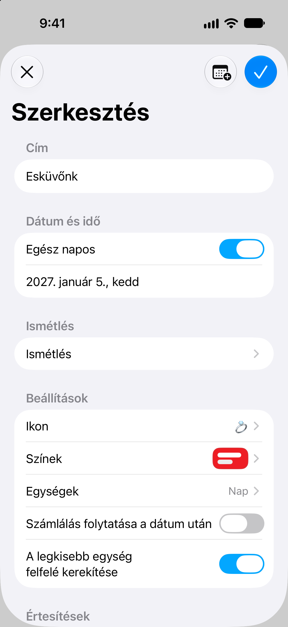 Visszaszámlálók — A visszaszámláló nevének, dátumának és beállításainak szerkesztése.
