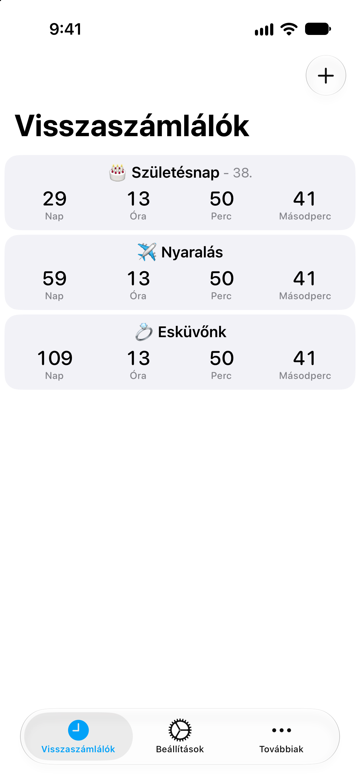 Visszaszámlálók — Részletes visszaszámlálólista a hátralévő idővel.