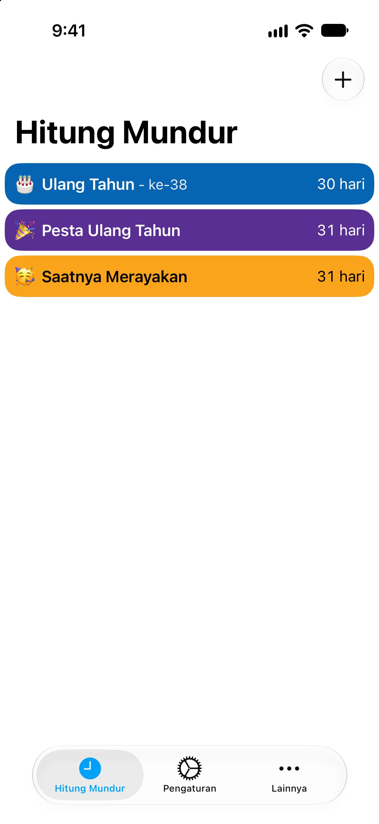 Hitung Mundur — Hitung mundur ulang tahun. Daftar hitung mundur terperinci dengan sisa waktu.
