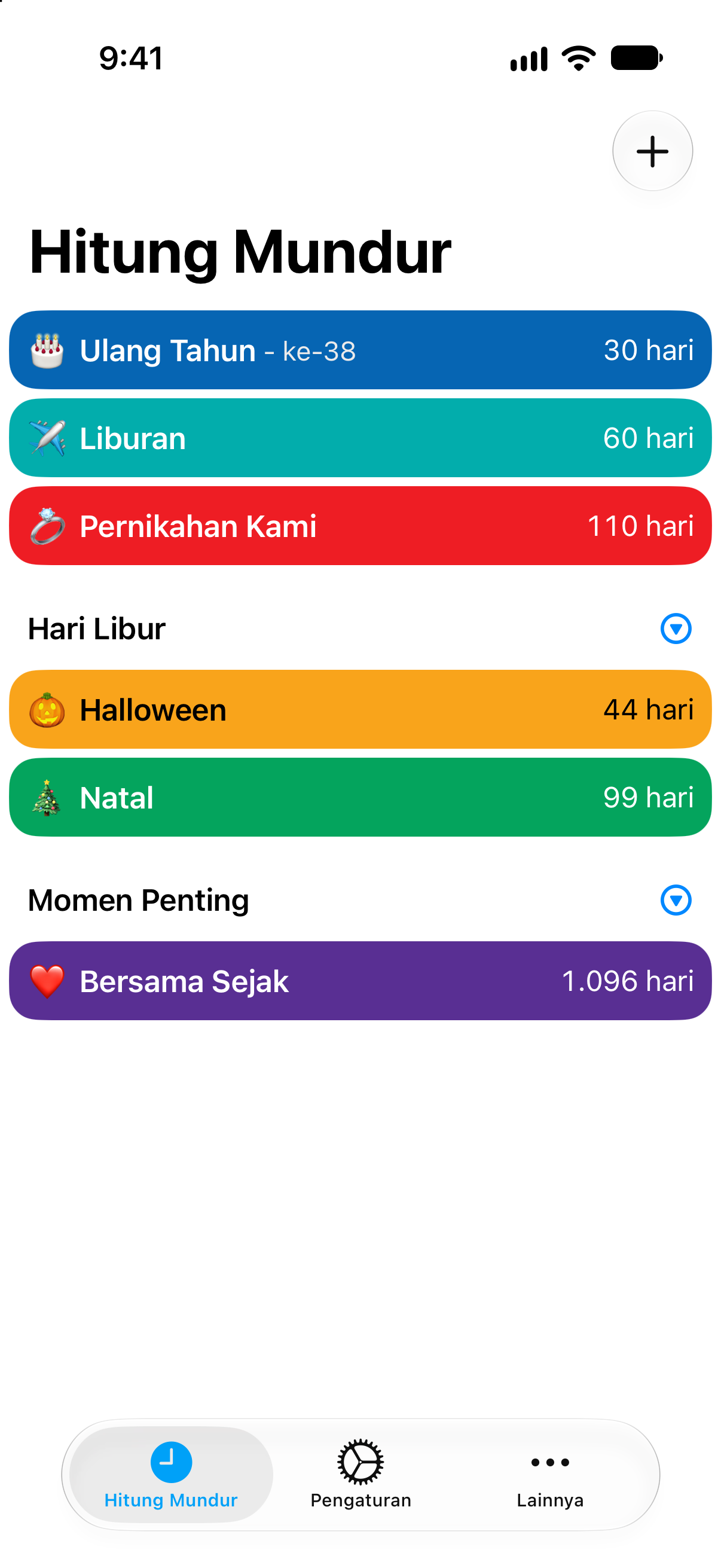 Hitung Mundur — Hitung mundur dengan warna acara yang berbeda.