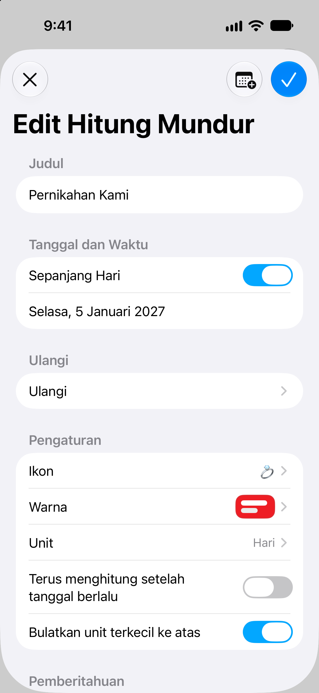 Hitung Mundur — Pengeditan nama, tanggal, dan opsi hitung mundur.