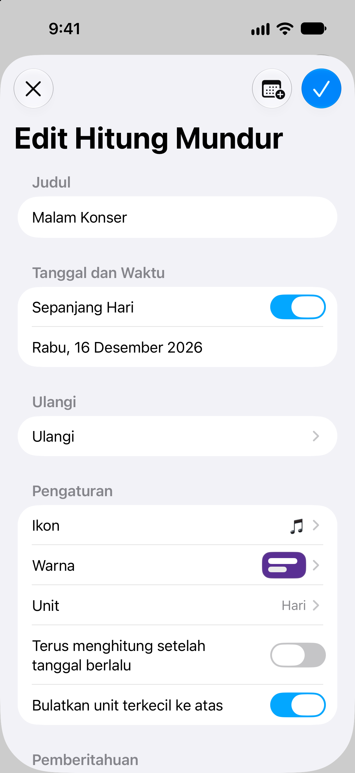 Hitung Mundur — Hitung mundur acara. Pengeditan nama, tanggal, dan opsi hitung mundur.