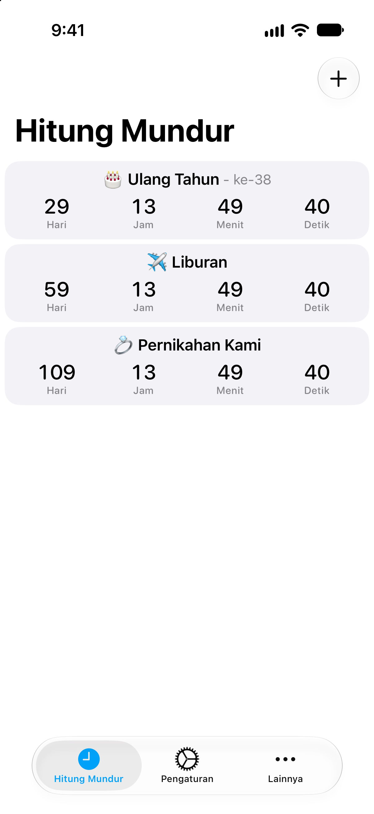Hitung Mundur — Daftar hitung mundur terperinci dengan sisa waktu.