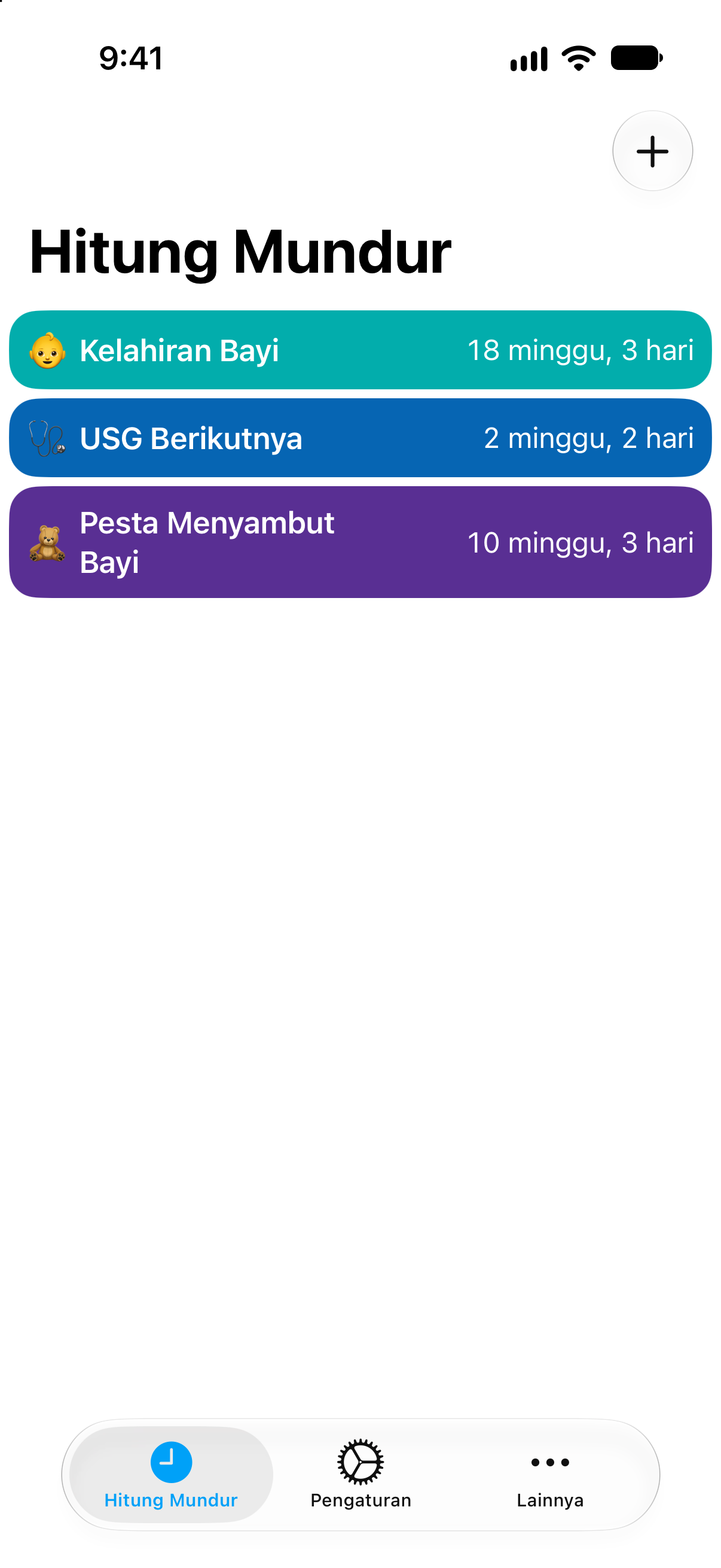 Hitung Mundur — Hitung mundur kelahiran. Daftar hitung mundur terperinci dengan sisa waktu.