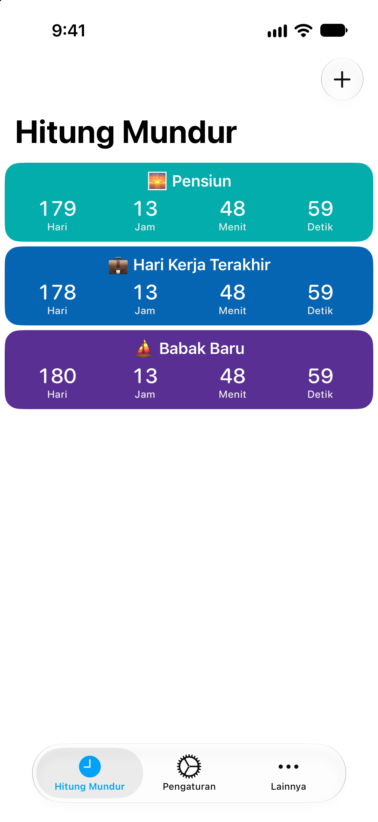 Hitung Mundur — Hitung mundur pensiun. Daftar hitung mundur terperinci dengan sisa waktu.