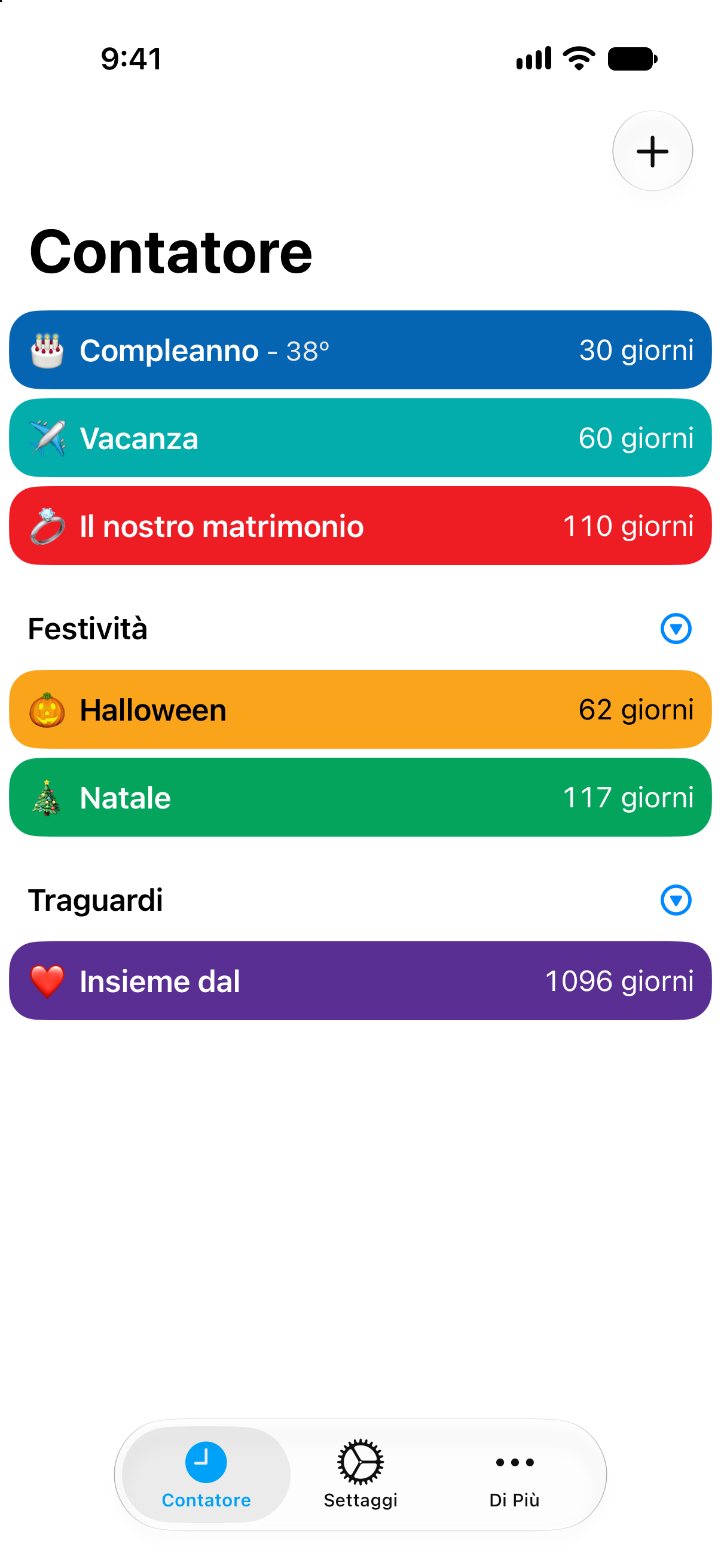Elenco di conti alla rovescia in Contatore con colori diversi per ogni evento.