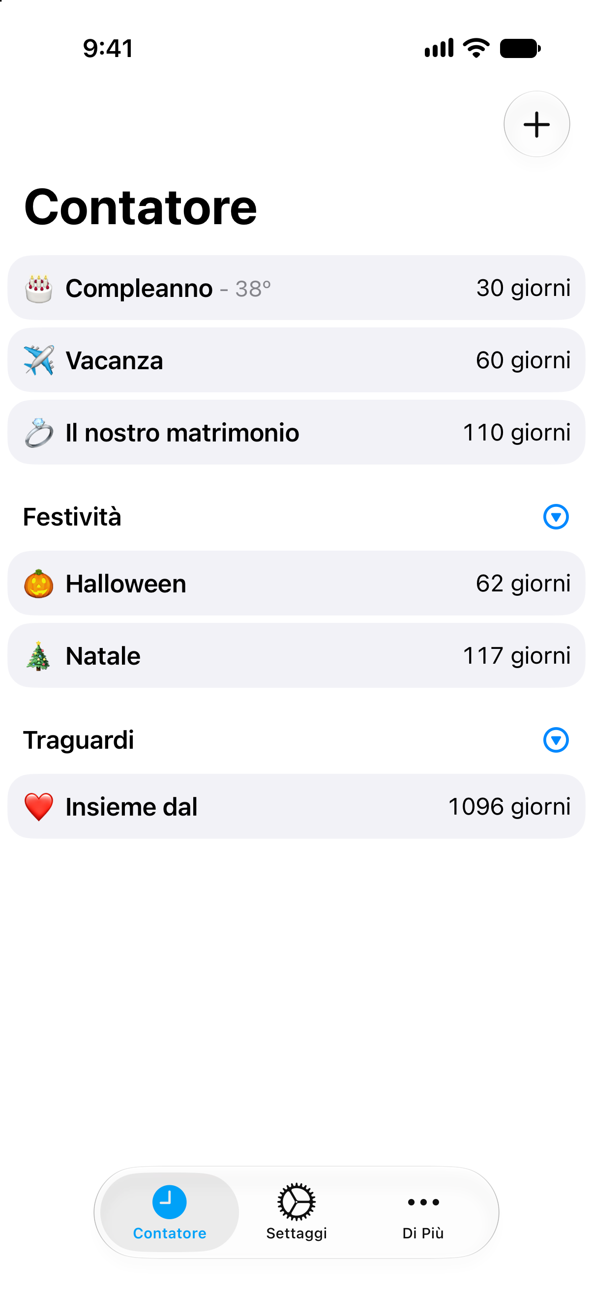 Elenco compatto di conti alla rovescia in Contatore con più eventi visibili a colpo d’occhio.