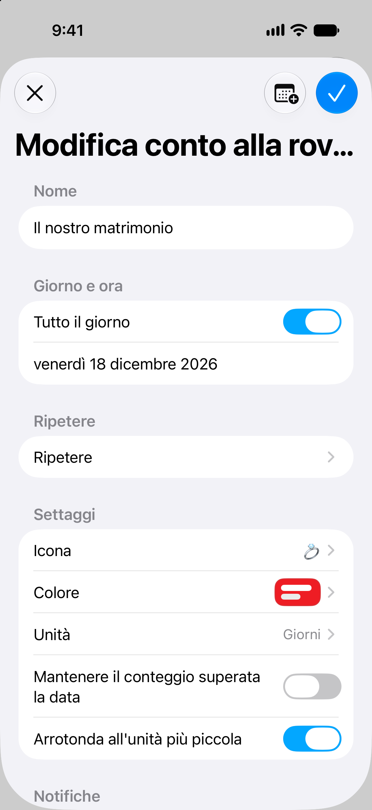 Schermata di modifica del conto alla rovescia in Contatore con nome, data e opzioni di personalizzazione dell’evento.