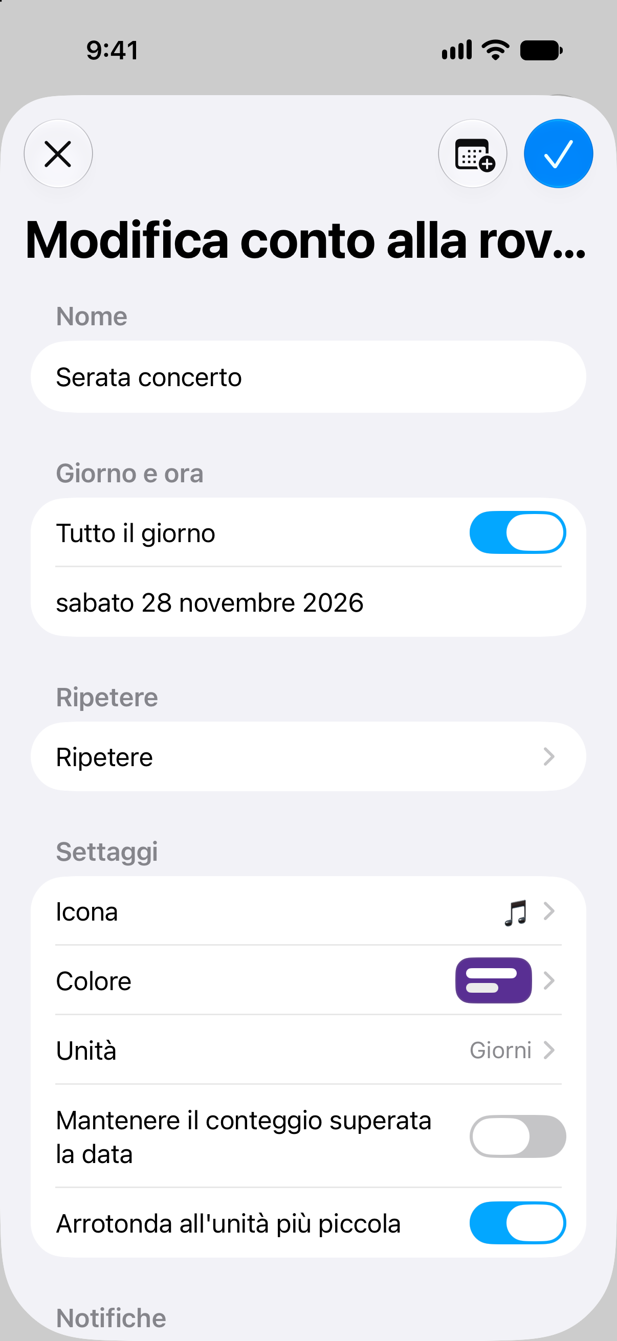 Schermata di modifica dell’evento in Contatore con data e opzioni di personalizzazione del conto alla rovescia.