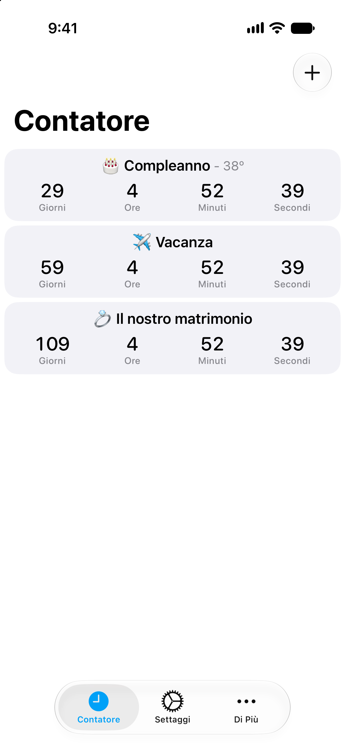 Elenco dettagliato di conti alla rovescia in Contatore con il tempo rimanente prima dei prossimi eventi.